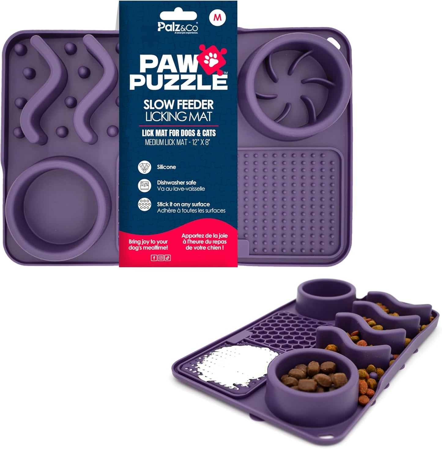 Palz&Co Paw Puzzle 2-in-1 Slow Feeder & Lick Mat for Dogs and Cats, Dry and Wet Food, Dishwasher Safe Silicone, Medium 12"x8", Purple