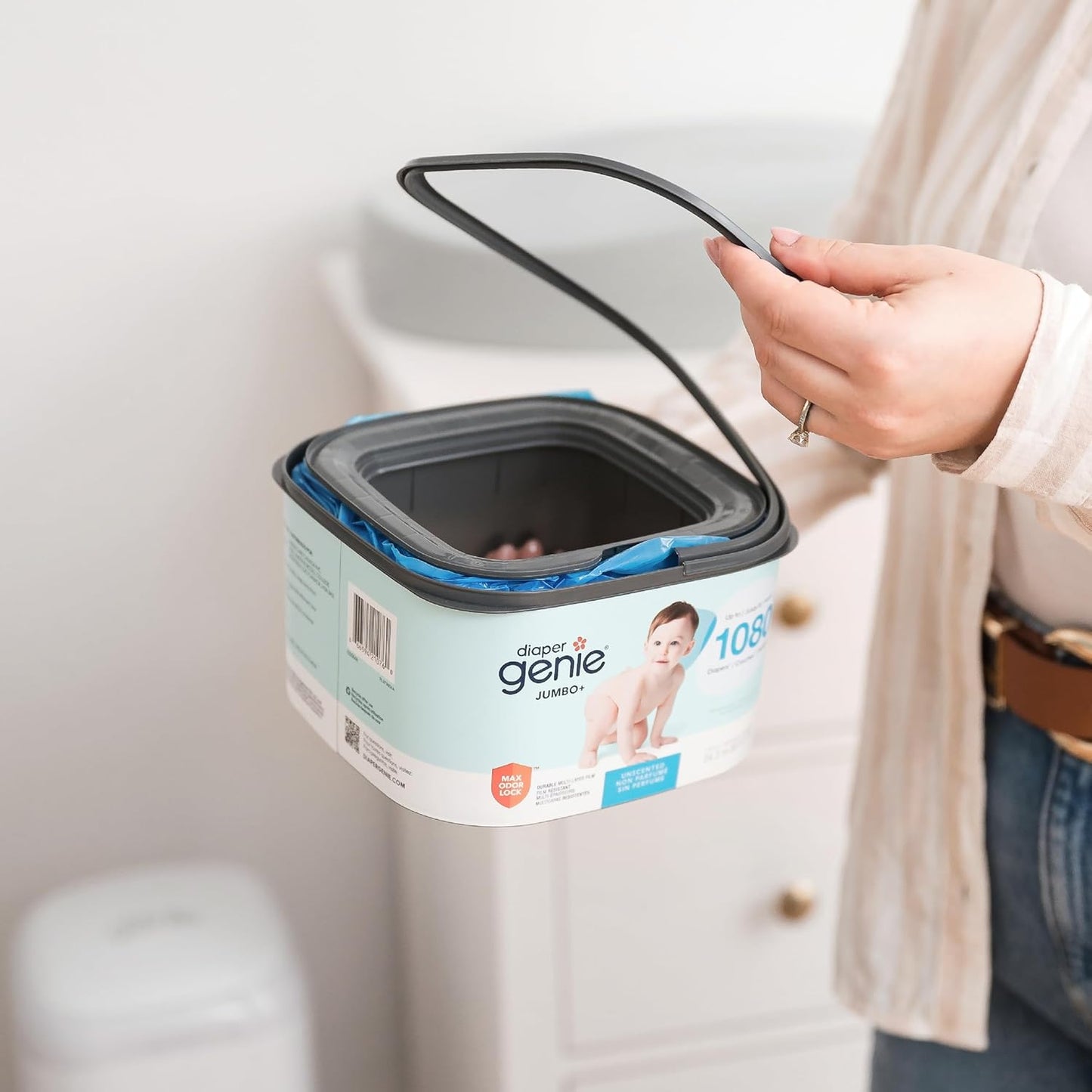 The Diaper Genie Jumbo+ Square Refill, with continuous film, can hold up to 1080 newborn-sized diapers per refill.