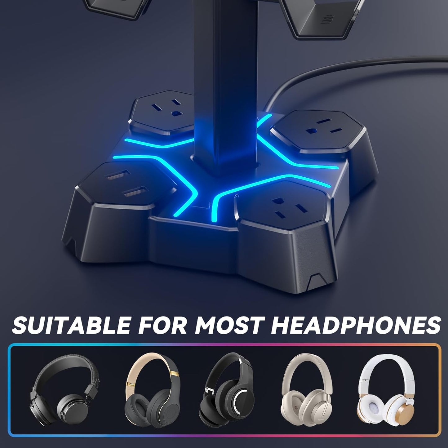 KDD Headphone Stand with USB Charger, Controller Stand for Desk, Headphone Holder with 2 USB Charging Ports and 3 AC Outlets, Accessories for Desktop(Black)