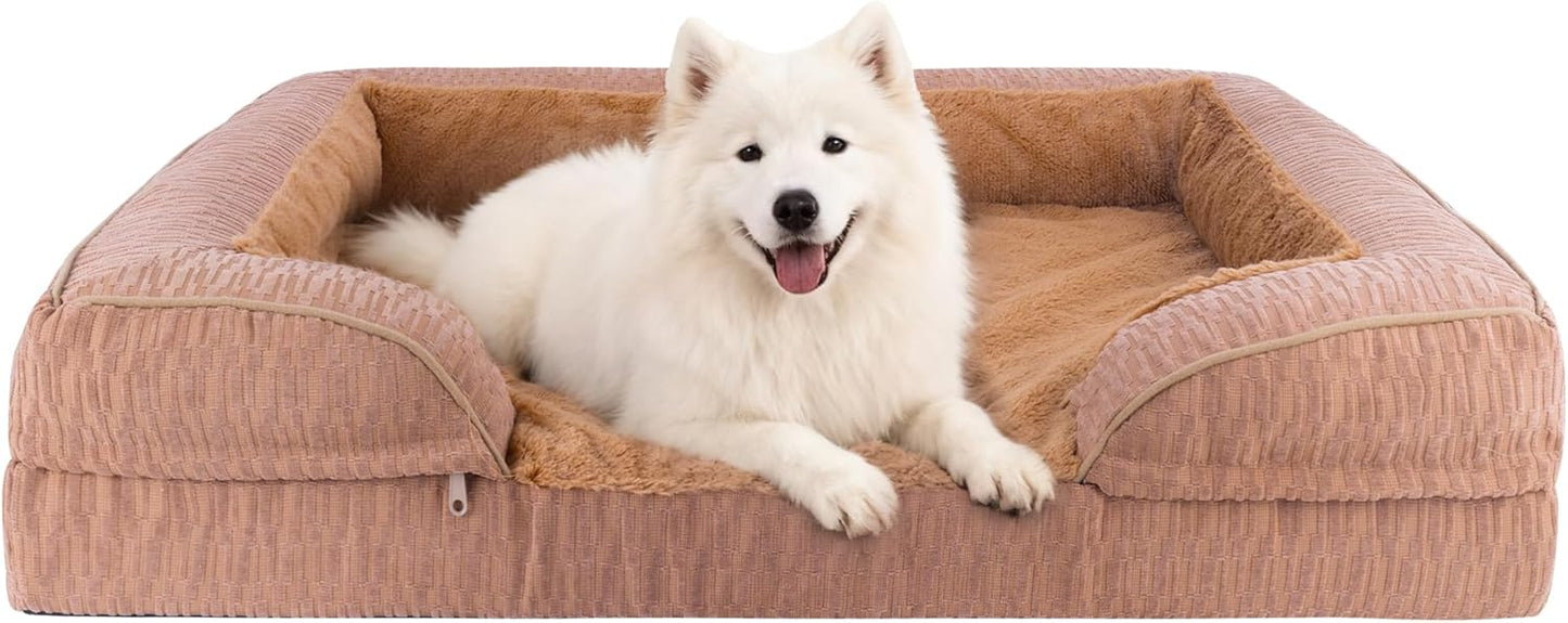 Orthopedic Dog Bed for Extra Large Dogs, 42x30 Inch Waterproof Egg Crate Memory Foam Dogs Bed with Detachable Top, Dog Couch with Zipper Washable Cover, Nonslip Bottom for Living Room, Brown
