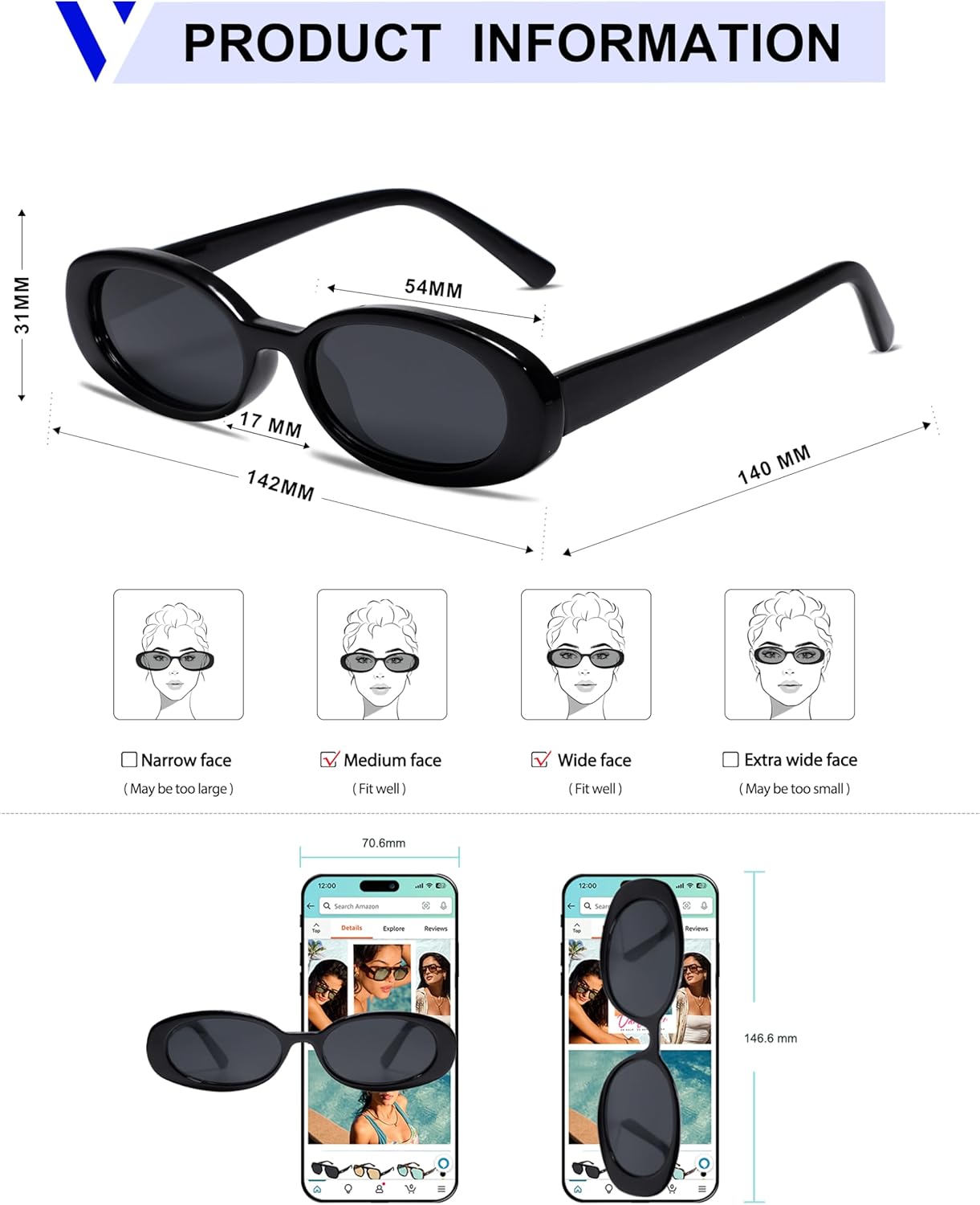 VANLINKER Polarized Retro Oval Sunglasses for Women and Men Small 90s Style VL9580