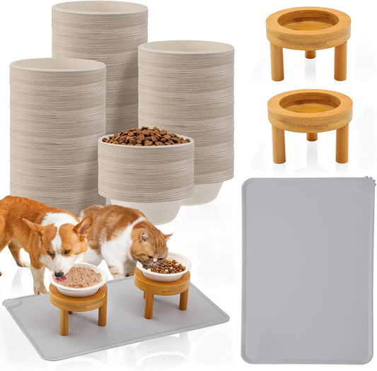 LemonRoad 53 Pcs 1.5 Cup Compostable Elevated Pet Feeding Bowls with Food Mat and Reusable Elevated Wood Stand for Wet and Dry Food Travel Outdoor Pet Care