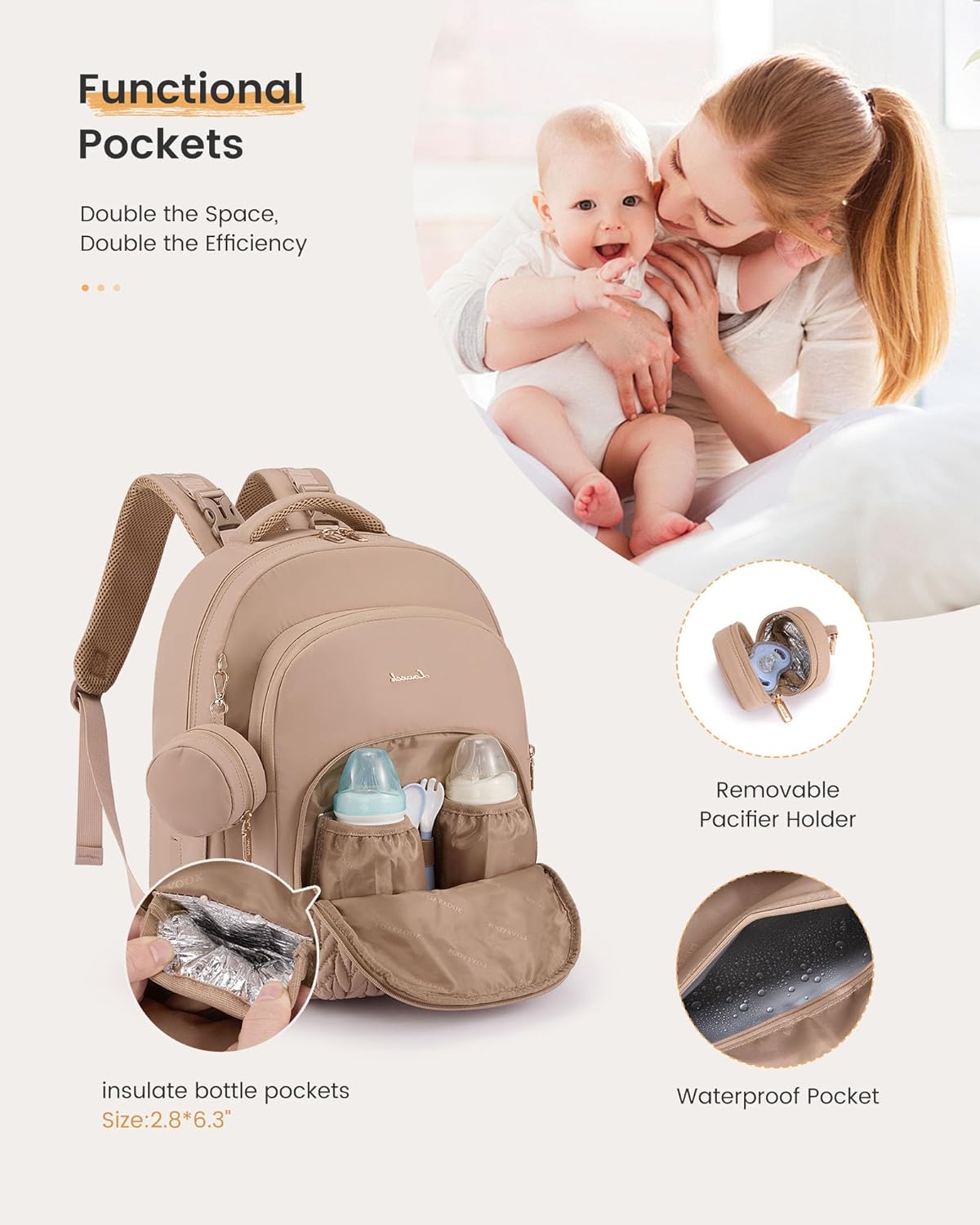 LOVEVOOK Diaper Bag Backpack, Baby Bag with Changing Pad for Mom Dad, Large Waterproof Mommy Bag with Stroller Buckles, Travel Essential with Pacifier Case & Insulated Bottle Pockets, Khaki