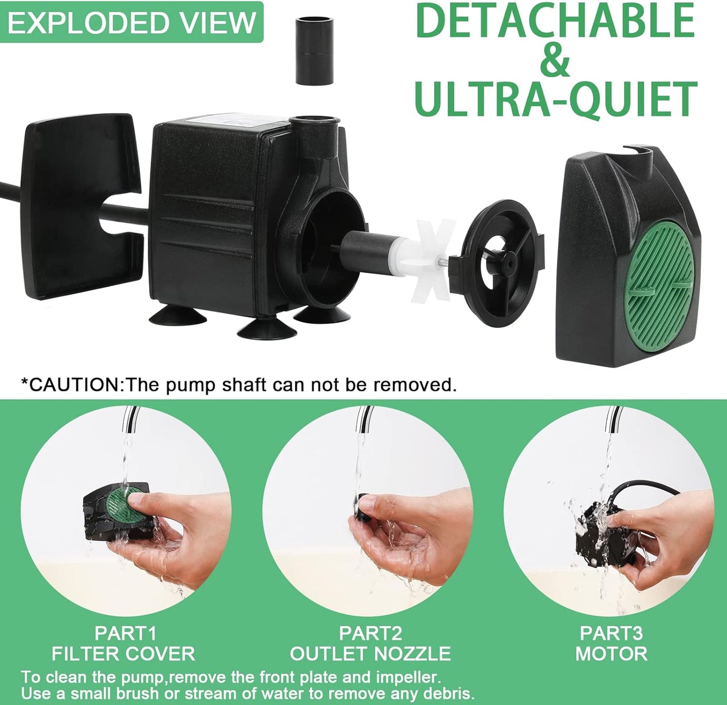 BARST Submersible Water Pump,Ultra Quiet 160GPH Aquarium Pump Adjustable Fountain Pump with 3 Nozzles and 6ft Power Cord for Fish Tank, Pond, Hydroponics,Outdoor Waterfall (600L/H,12W)