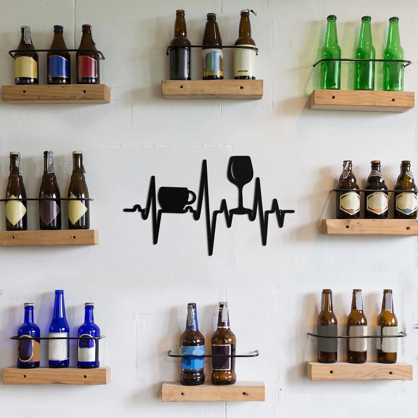 Blulu Heartbeat Coffee and Wine Bar Sign 15.75 x 9.04 Inch Rustic Black Metal Wine Art Wall Decor Wall Hanging for Farmhouse Kitchen Home Bar Cafe Decor