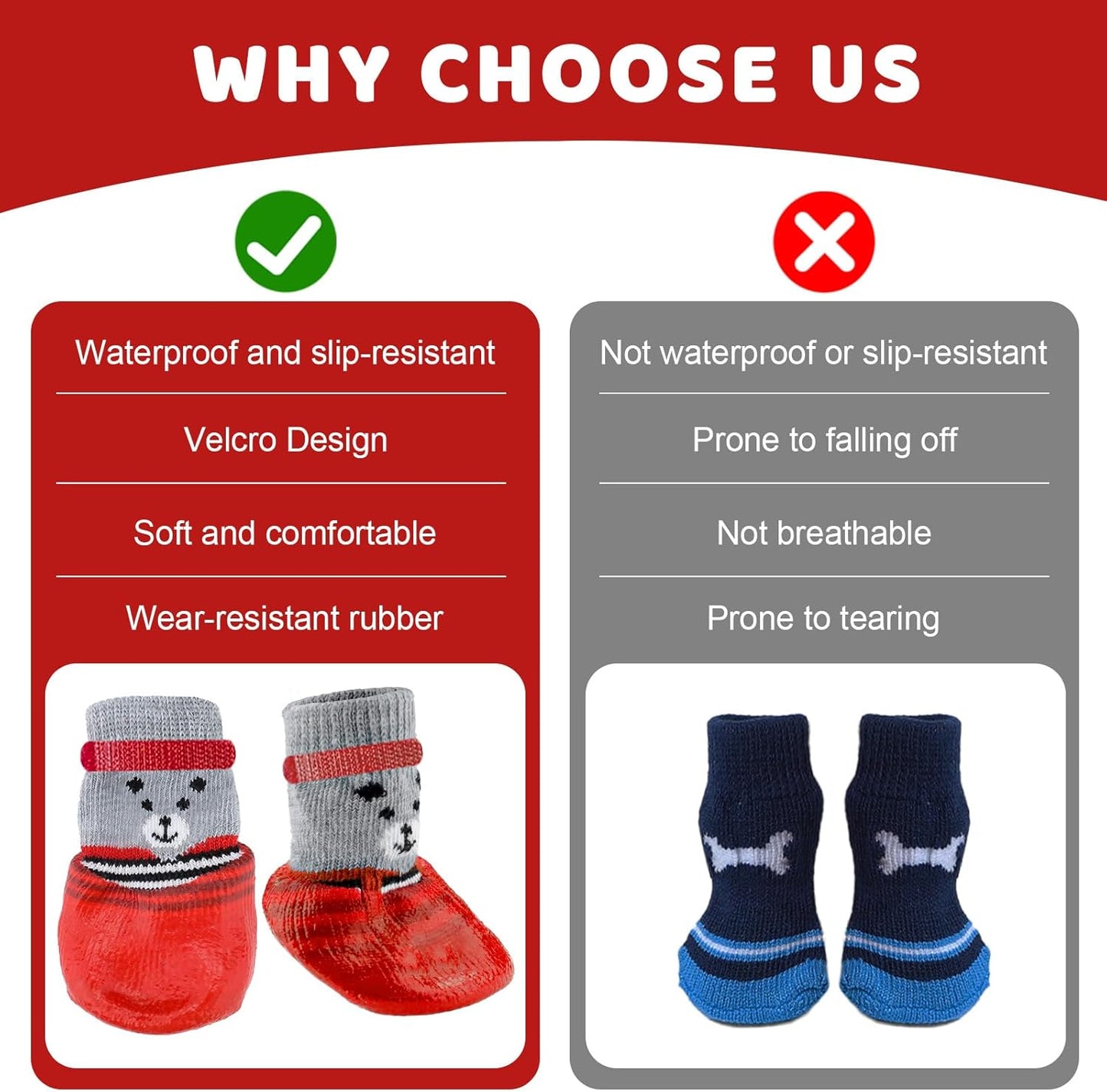2 Set Non Slip Dog Socks Waterproof Lick Resistant Paw Protectors with Adjustable Hook and Loop Fastener, Breathable Pet Shoes for Medium to Large Dogs(Red, L)