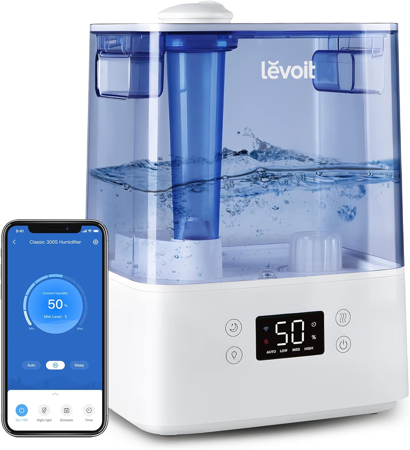 LEVOIT Humidifiers, Blue & Humidifiers for Bedroom Large Room 6L Warm and Cool Mist for Families Plants with Built-in Humidity Sensor, Essential Oil, Timer Setting, White