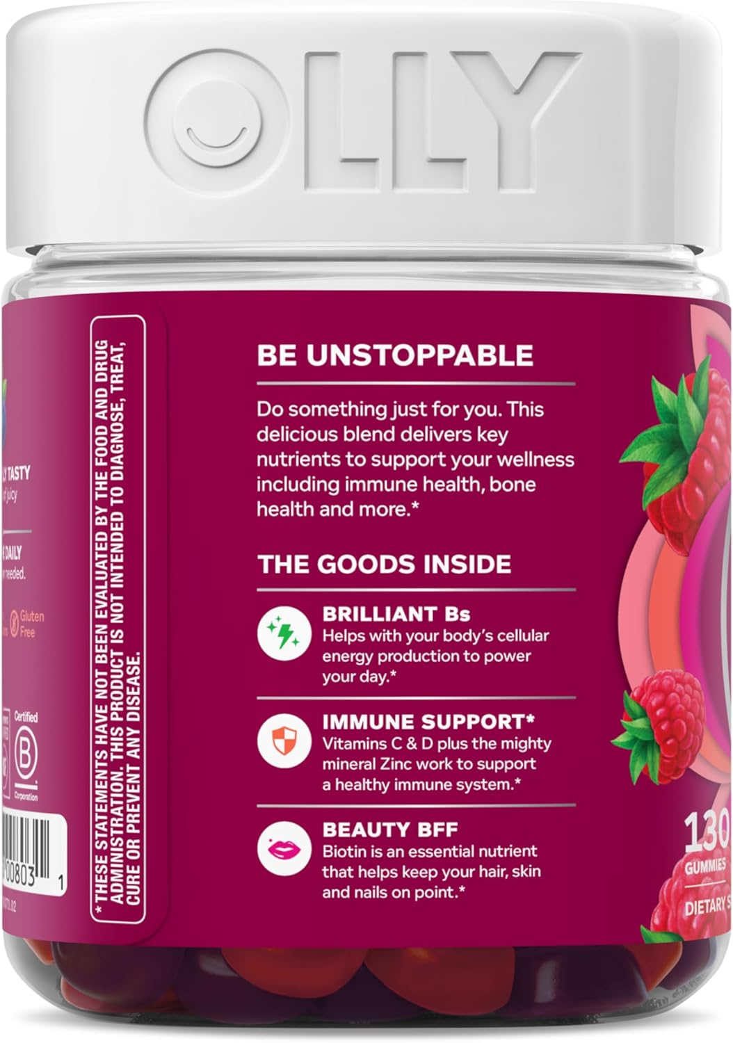 OLLY Women's Daily Multivitamin Gummy, Vitamins A, D, C, E, Biotin, Folic Acid, Adult Chewable Vitamin, Berry Flavor, 65 Day Supply - 130 Count