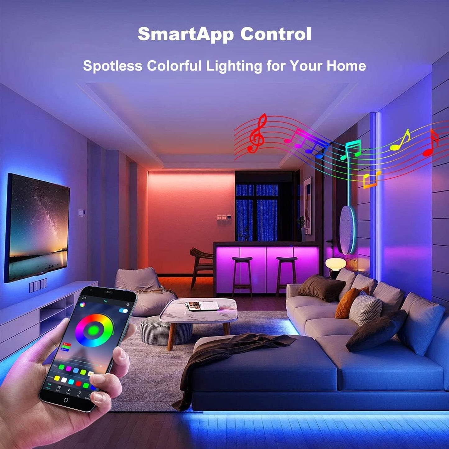 PHOPOLLO Bluetooth Led Strip Lights 100ft (2 Rolls of 50ft), RGB Color Changing LED Lights for Bedroom, Kitchen Decoration, App Control and Music Sync.