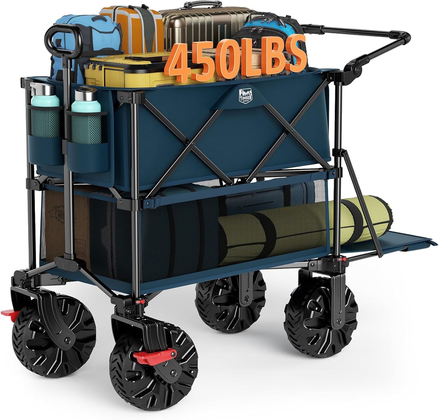 TIMBER RIDGE Push & Pull Double Decker Wagon, 400L Large Capacity Heavy Duty & 450lb Load, Collapsible Cart with All-Terrain Wheels & Brakes, 54” Extended Foldable for Sports, Beach, Camping, Blue