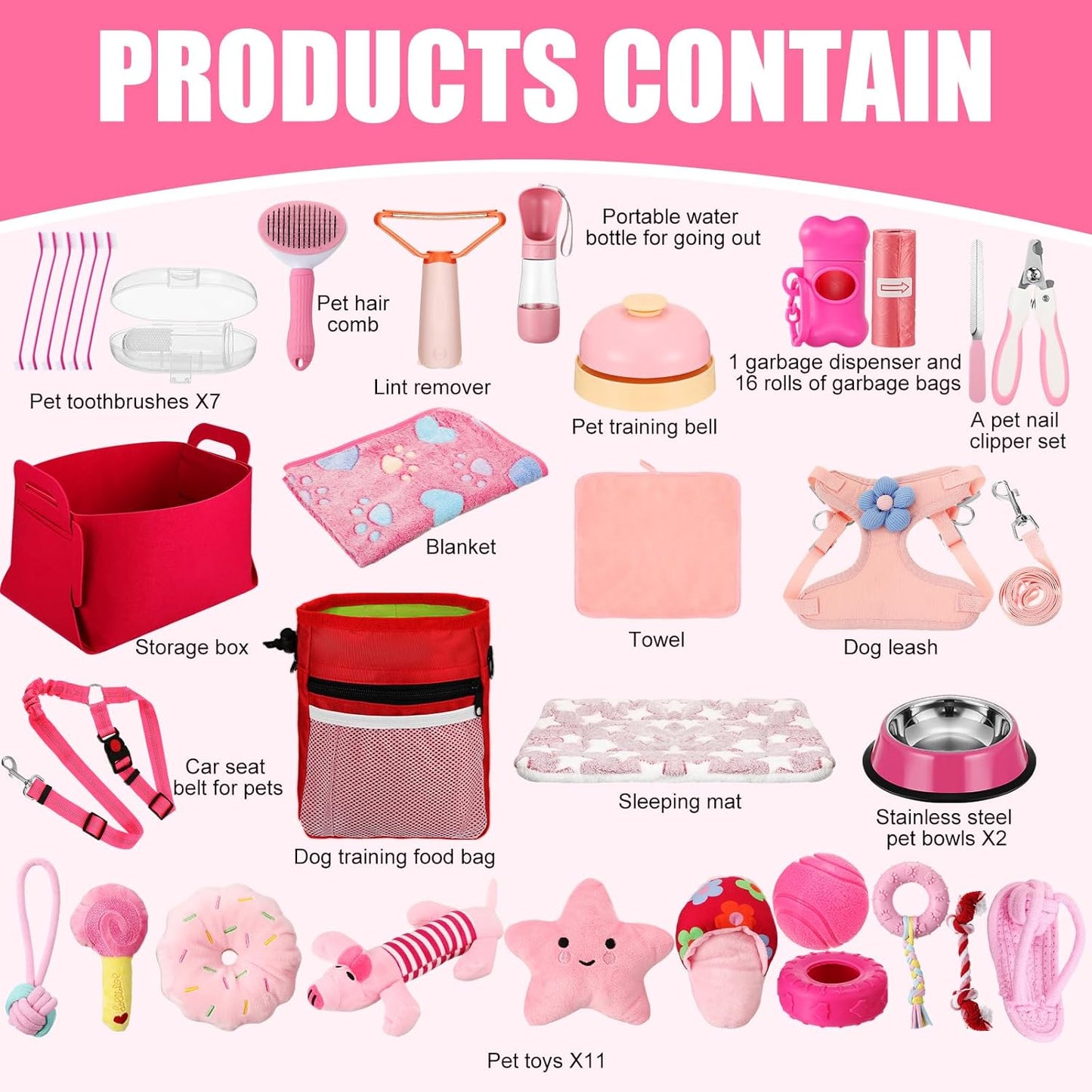 Abbylike 50 Pcs Puppy Supplies Starter Kit for Small Dogs Puppy Essentials Includes Leash, Bowls, Teeth Brushes, Water Bottle, and More Accessories for Dogs Pet Day Welcome Gift(Pink)