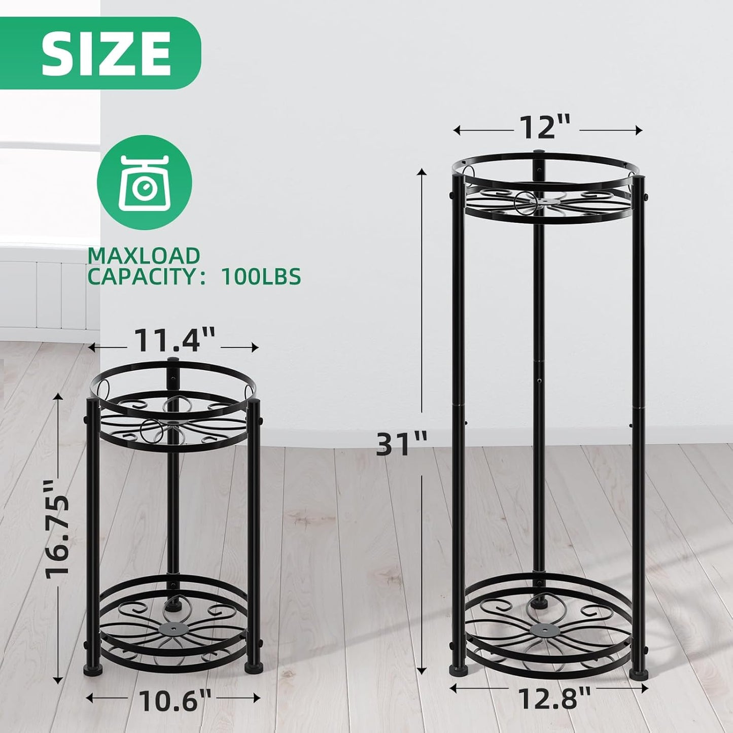 Simple Trending Round Plant Stand Indoor Outdoor, Waterproof Metal Tall 31” Plant Shelf Holder, Heavy Duty Flower Pot Display Rack, 2 Pack, Black