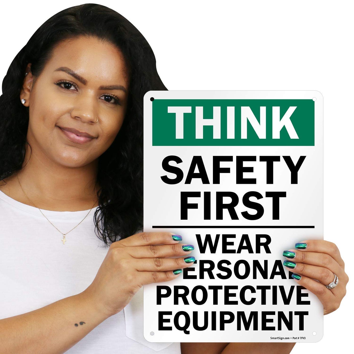 SmartSign - S-2917-AL-14 "Think Safety First - Wear Personal Protective Equipment" Sign | 10" x 14" Aluminum 10" x 14" Non-Reflective Aluminum