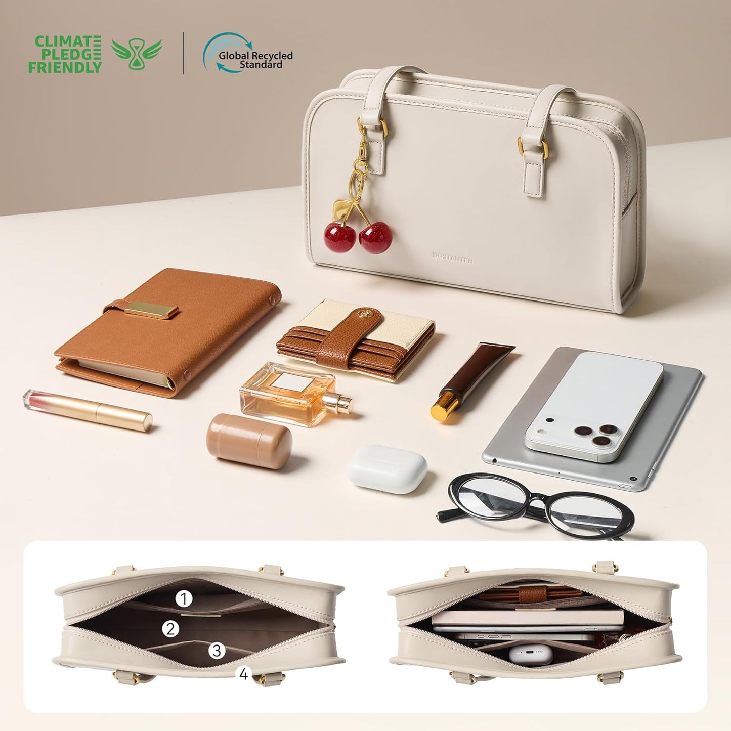 BOSTANTEN Shoulder Bag for Women Vegan Leather Purse with Cherry Charm Medium Handbag with Zipper for Daily Use
