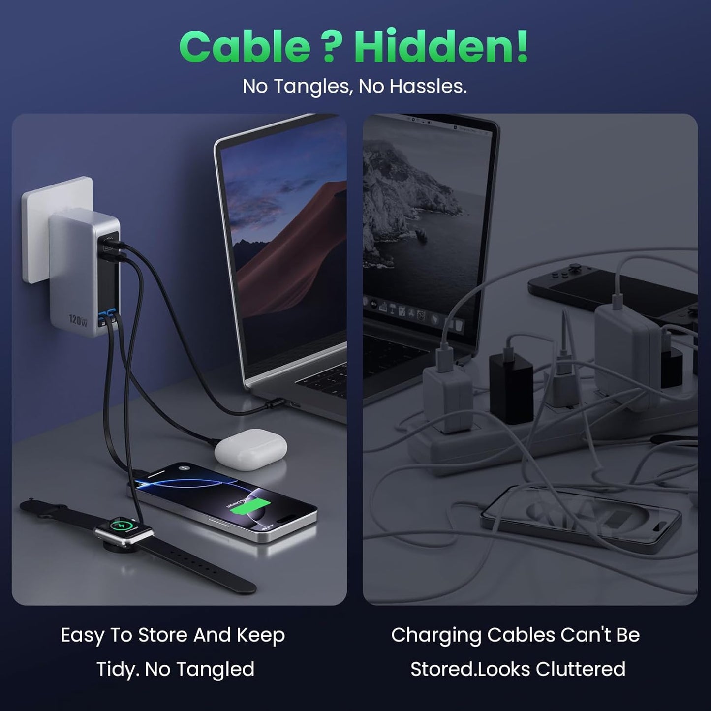 120W USB C Charger Block with 2 Built-in Retractable Cables,4-in-1 GaN IV Foldable Plug Wall Charger Fast Charging Station,PD 65W Laptop Adapter for MacBook/iPad,iPhone 17/16/15/14,Galaxy,Android etc