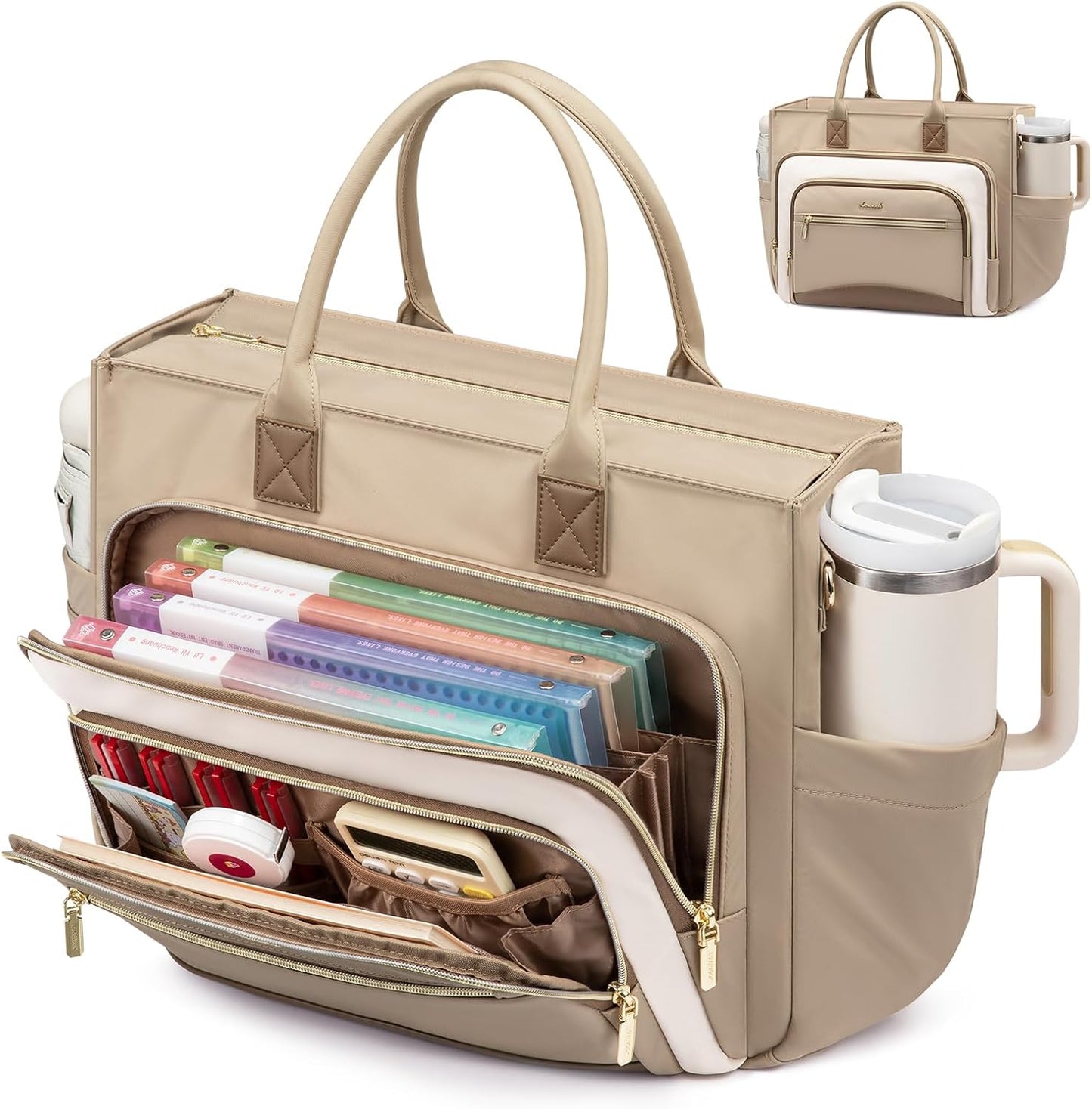 LOVEVOOK Teacher Tote Bag for Women,Laptop bag with Large Cup Holder,Work bag with Accordion File Organizer Pocket,Multi-Pockets Professional Diaper Bag Nurse Bag,Handbag Purse for Work,College,Daily