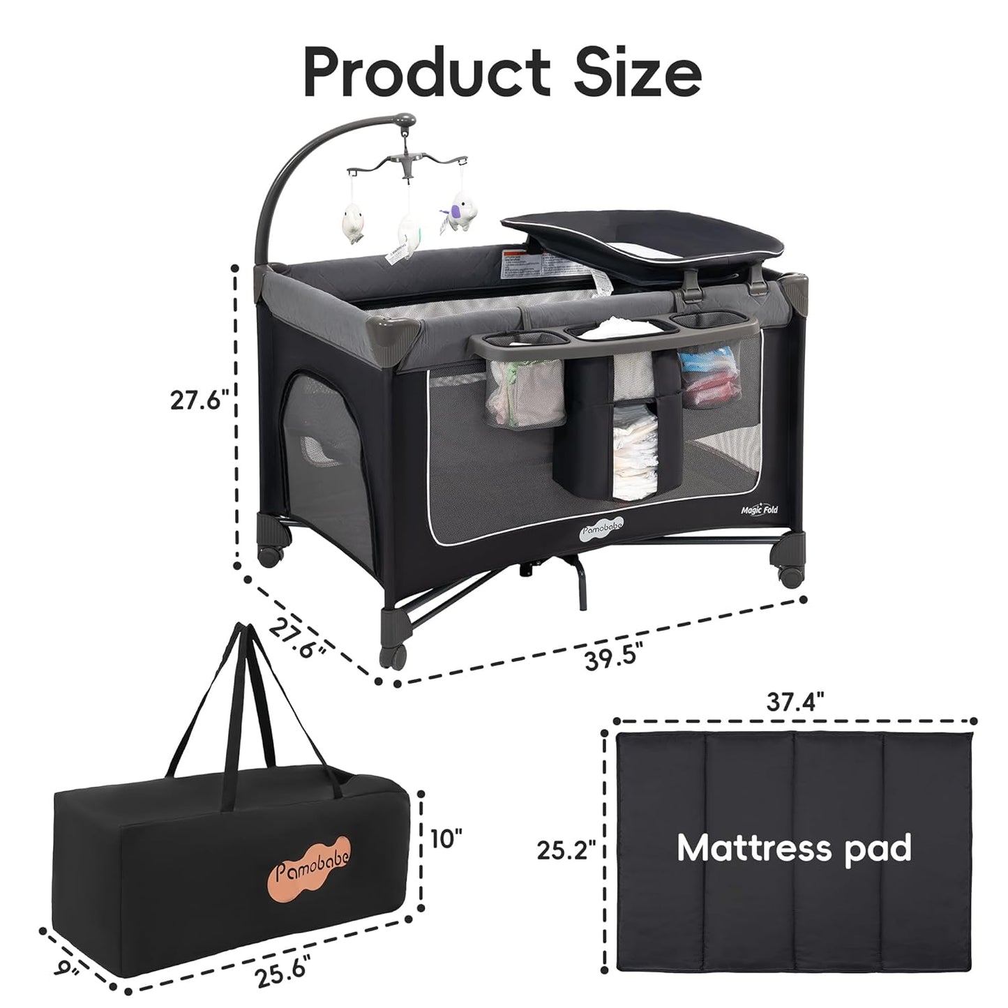 Pamo Babe Magic Fold Pack and Play with Bassinet 1 Step Set Foldable Playards Baby Playard with Changing Table Portable Playpen with Zip Door