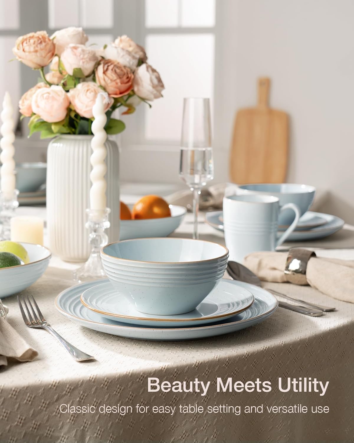 Famiware Jupiter Stoneware Dinnerware Sets, Handcrafted Plates and Bowls with Embossed Swirl & Speckles, Blue - Chip & Scratch Resistant, Dishwasher Microwave Safe Minimalist Dishes for 8 (24-Piece)