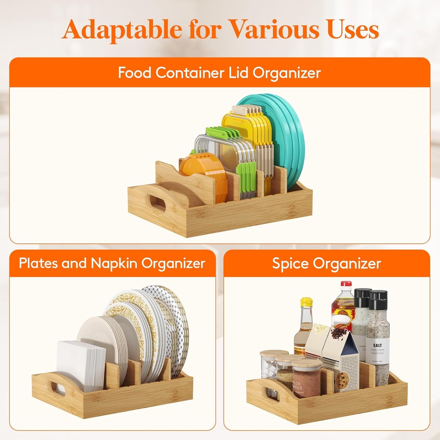 Lifewit Bamboo Lid Organizers for Inside Cabinet, Food Storage Container Lid Holder with 4 adjustable Inserts & 5 Compartments, Lid Storage for Kitchen Pantry Organization, 10.6" X 8.3"