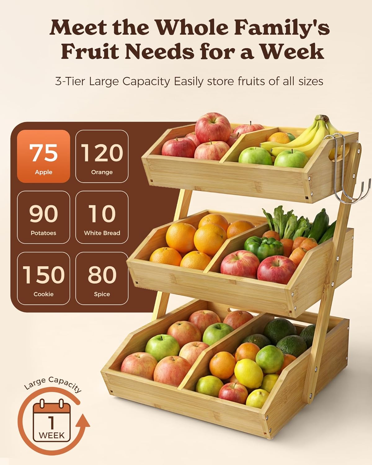 3 Tier Large Bamboo Fruit Basket for Kitchen Counter with 2 Banana Holders, Kitchen Countertop Organizer with Protective Mats, Tiered Fruit Bowl for Bread Snack Veggies with Dividers