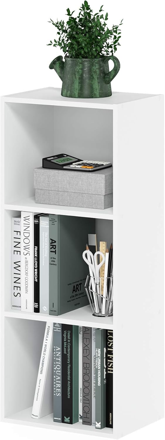 Furinno LUDER Book Shelf, 3-Cube Bookshelf, Bookcase with Open Shelves, 9.3 x 12 x 31.5, for Living Room, Bedroom, Home Office, White