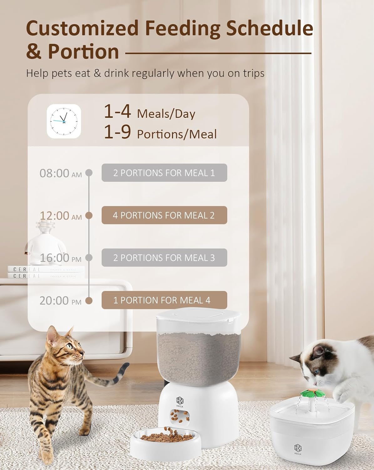 Automatic Cat Feeder with 3L Dry Cat Food Dispenser and 2L Water Fountain, Timed Dog Feeder with Portion Control and Daily Meals, Wire/Battery Automatic Feeders in White