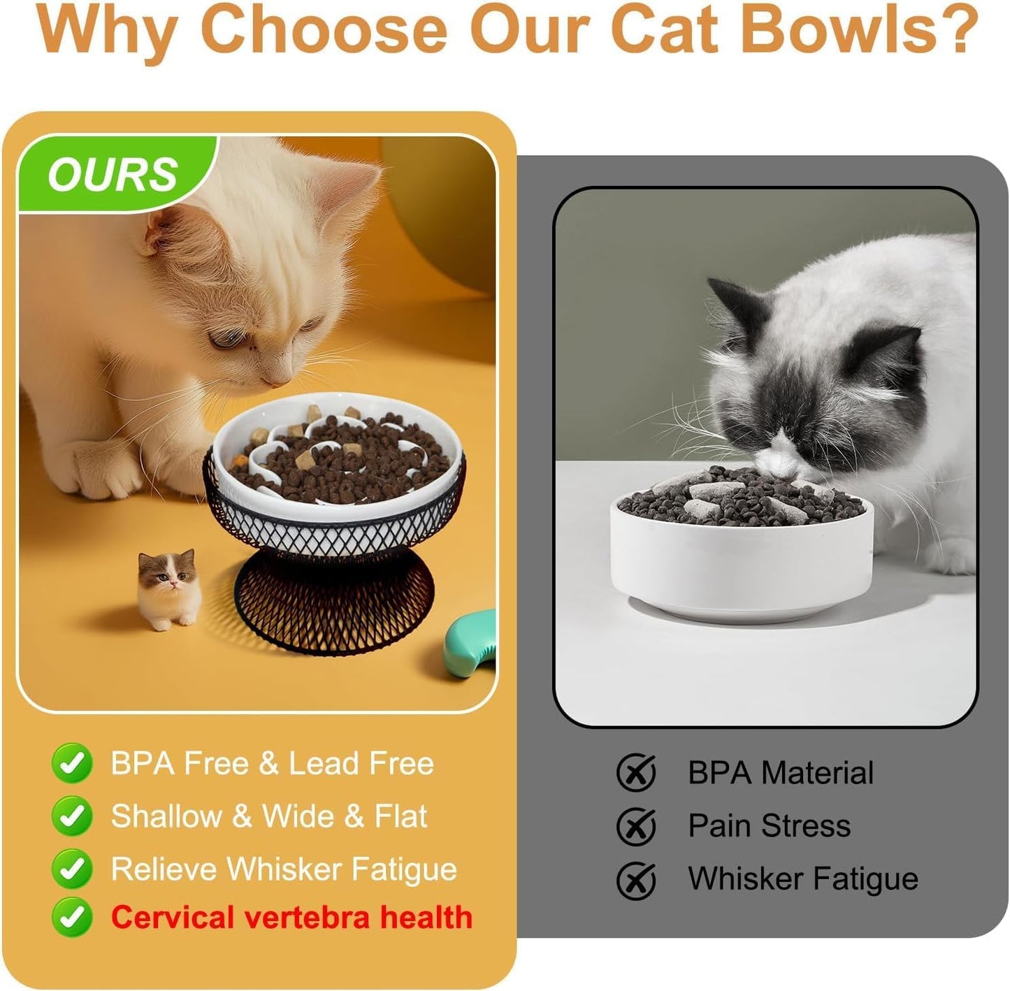 2PCS Raised Ceramic Cat Slow Feeder Bowl Elevated Food Bowl with Stand, Cat Slow Bowl for Wet Food and Dry Food,Slow Down Eating Speed, Whisker Friendly Pet Puzzle Feeder for Kitten and Small Dog