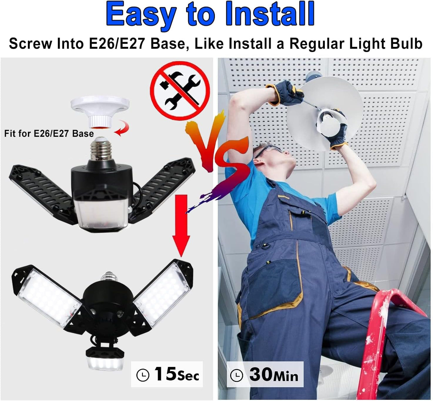 LED Garage Light, 80W 8000 Lumen Ceiling Lights with 3 Adjustable Panels, 6500K Daylight Light Bulb Fixture LED Lights for Garage, Workshop
