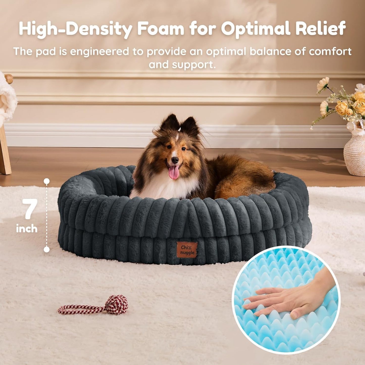 Dog Bed Medium Sized Dog - Luxury Striped Faux Fur Waterproof Pet Couch with Removable Washable Cover, Orthopedic Pet Bed with Bolster Sides for Sleeping, Dark Grey
