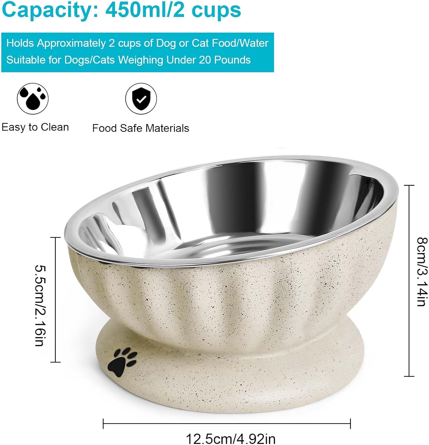 Dog Bowl for Small Dogs, Removable Stainless Steel Dog Bowls with Resin Base, Elevated and Tilted 15° Pet Food/Water Bowl,15oz Pet Food Bowl for Small Sizes