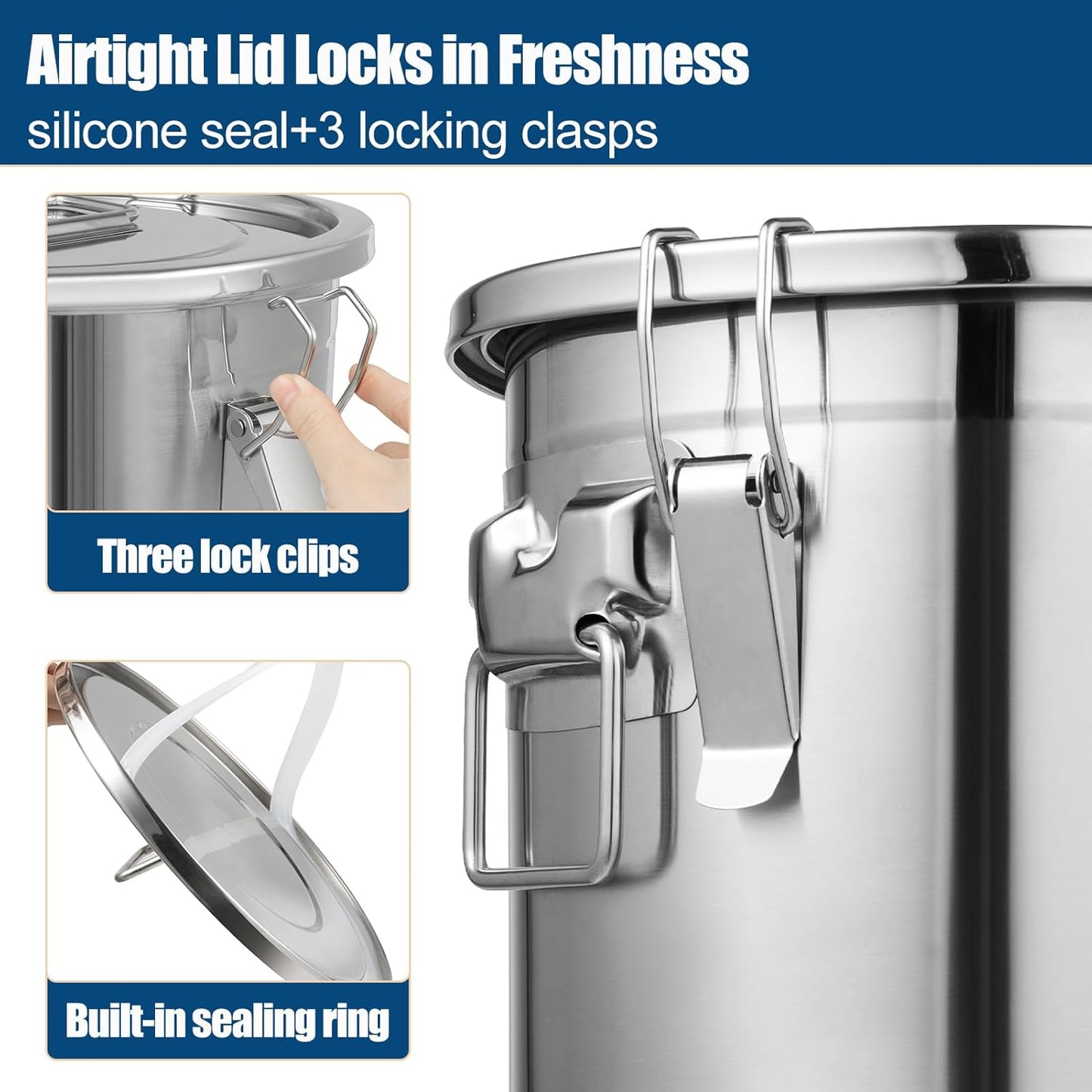 304 Stainless Steel Dog Food Storage Containers with Airtight Lid and Locking Clamp, Fits up to 12Lbs, Large Pet Food Storage Container Metal Pet Food Bin for Dogs, Cats & Birds Seed, Keep Fresh