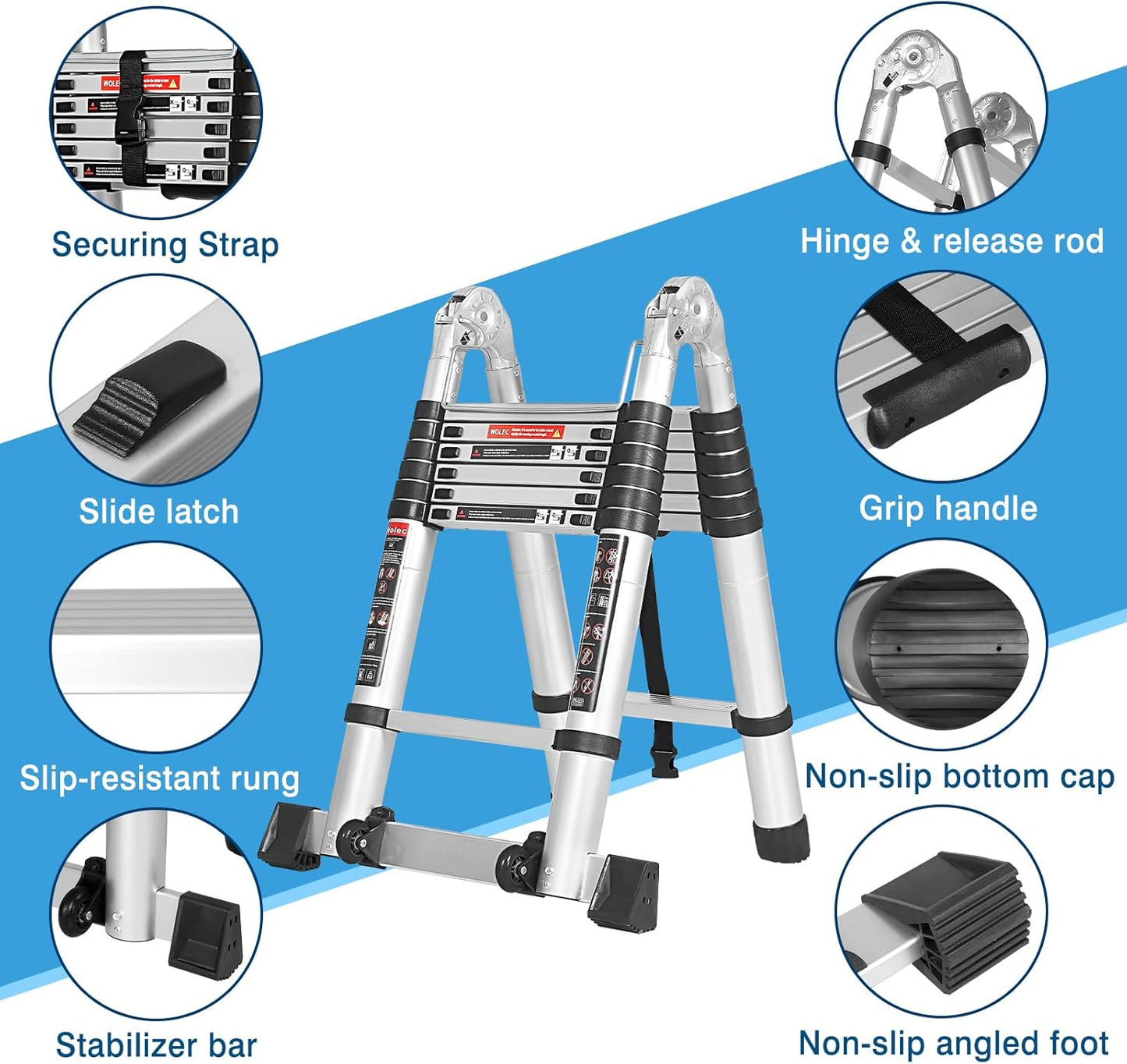 12.5 FT A Frame Telescoping Ladder, Extension Multi-Purpose w/Balance Bar & Wheels, Ladder A Frame, Heavy Duty 330 lbs Max Capacity, Ideal for Home and Outdoor Work, Silver