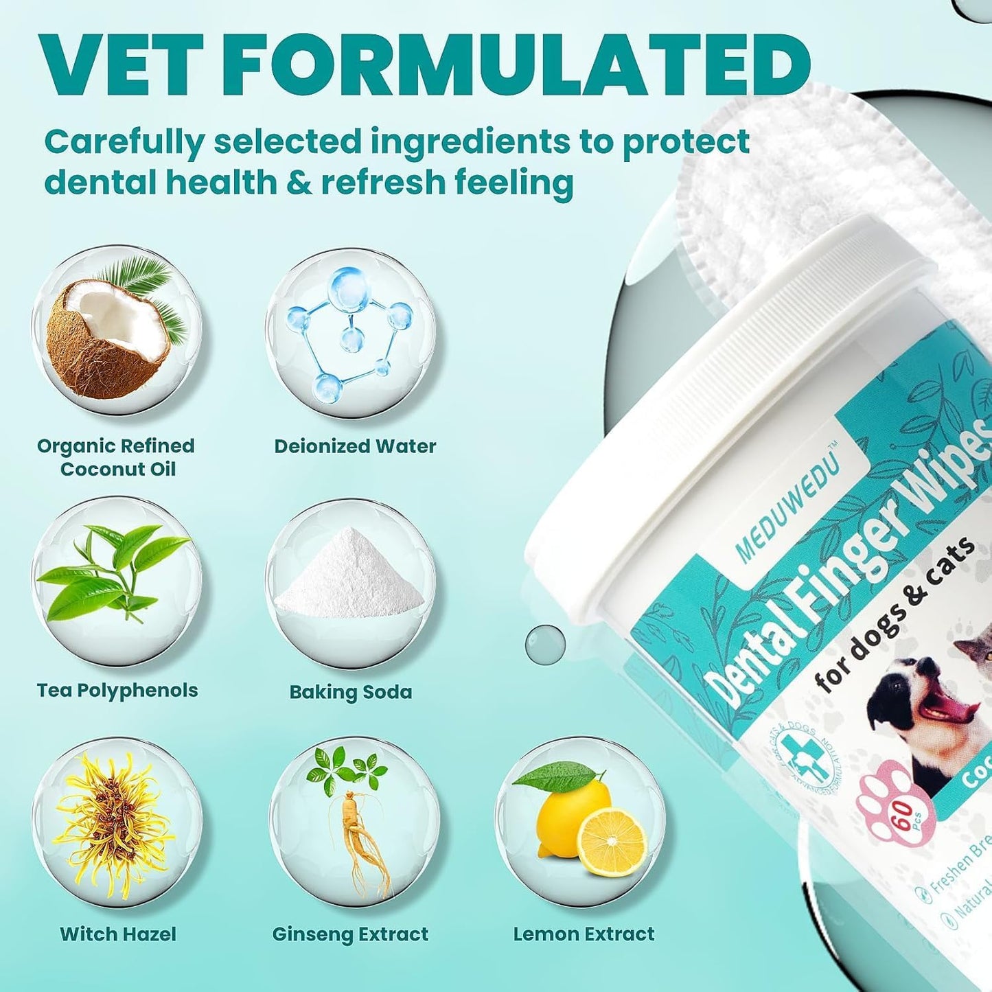 Dental Care Finger Wipes 60 Counts,Teeth Cleaning Finger Wipes for Dogs & Cats,Reduces Plaque & Freshens Breath, Mint Scent