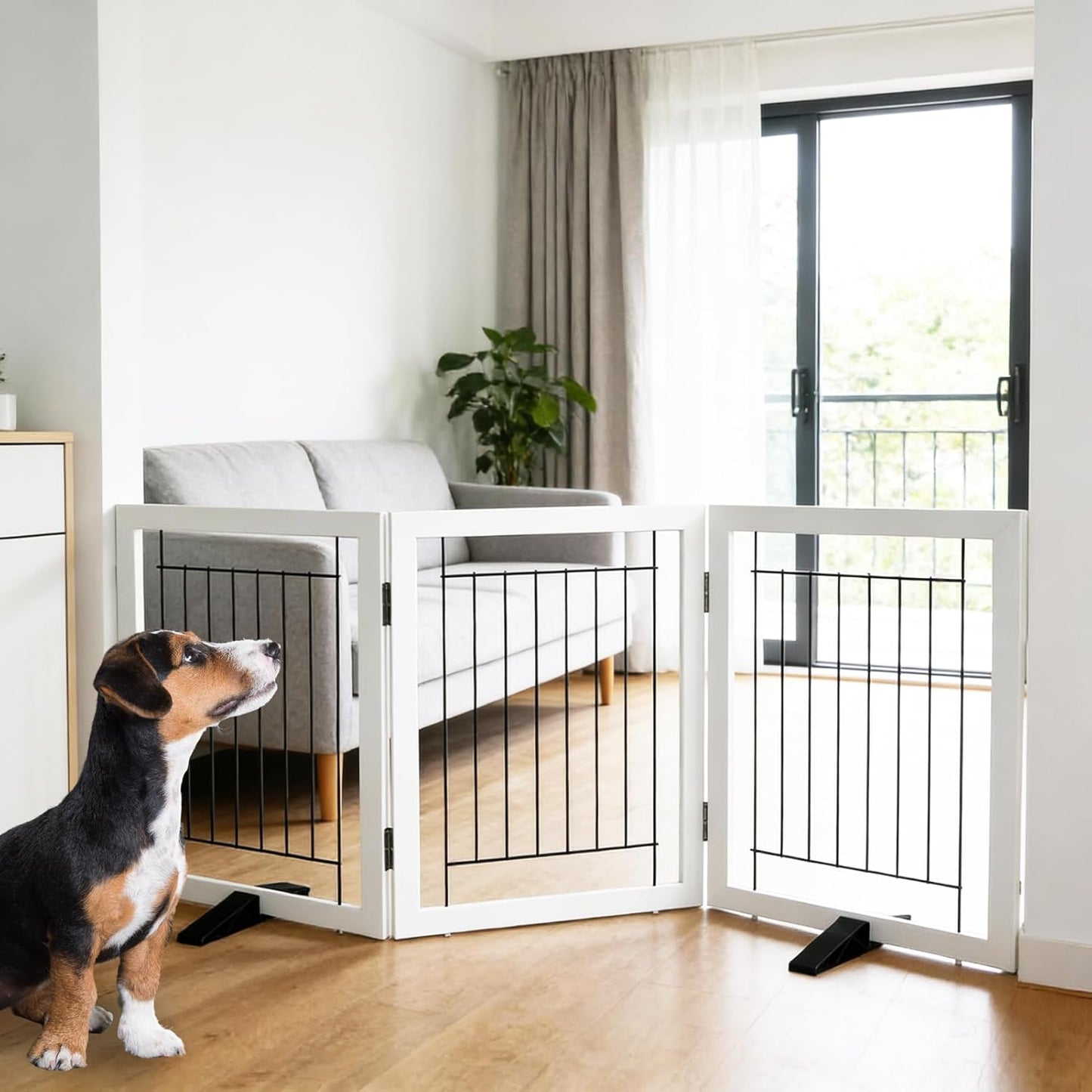 Dog Fence Indoor - 3-Panel Freestanding Dog Gate for Doorways, Hallways, House or Stairs -60x24-Inch Retractable Foldable Expandable Wood Pet by SFJC (White)
