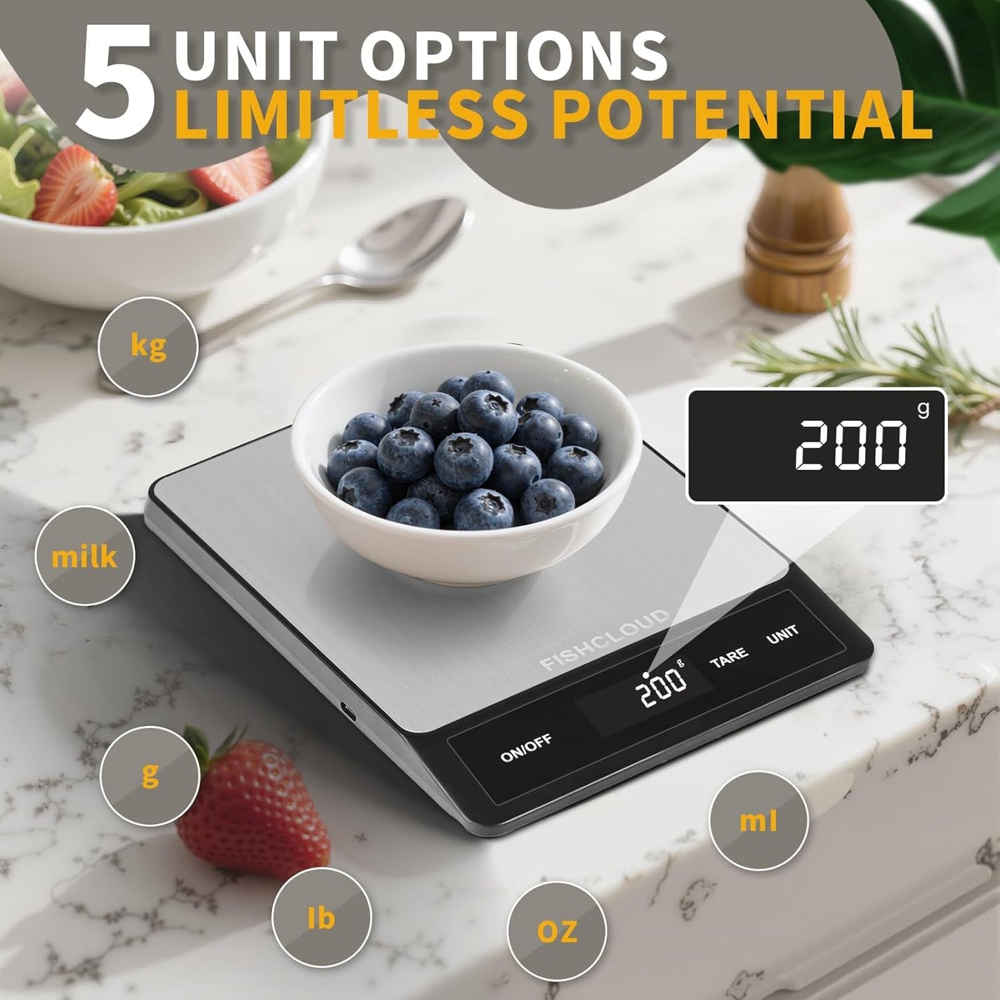 Food Scale - Rechargeable Digital Kitchen Scale 33lb, 1g/0.05oz Precision, Type-C, Stainless Steel, Grams/Ounces, LCD Display, for Cooking/Baking/Meal Prep (Ash Silver)