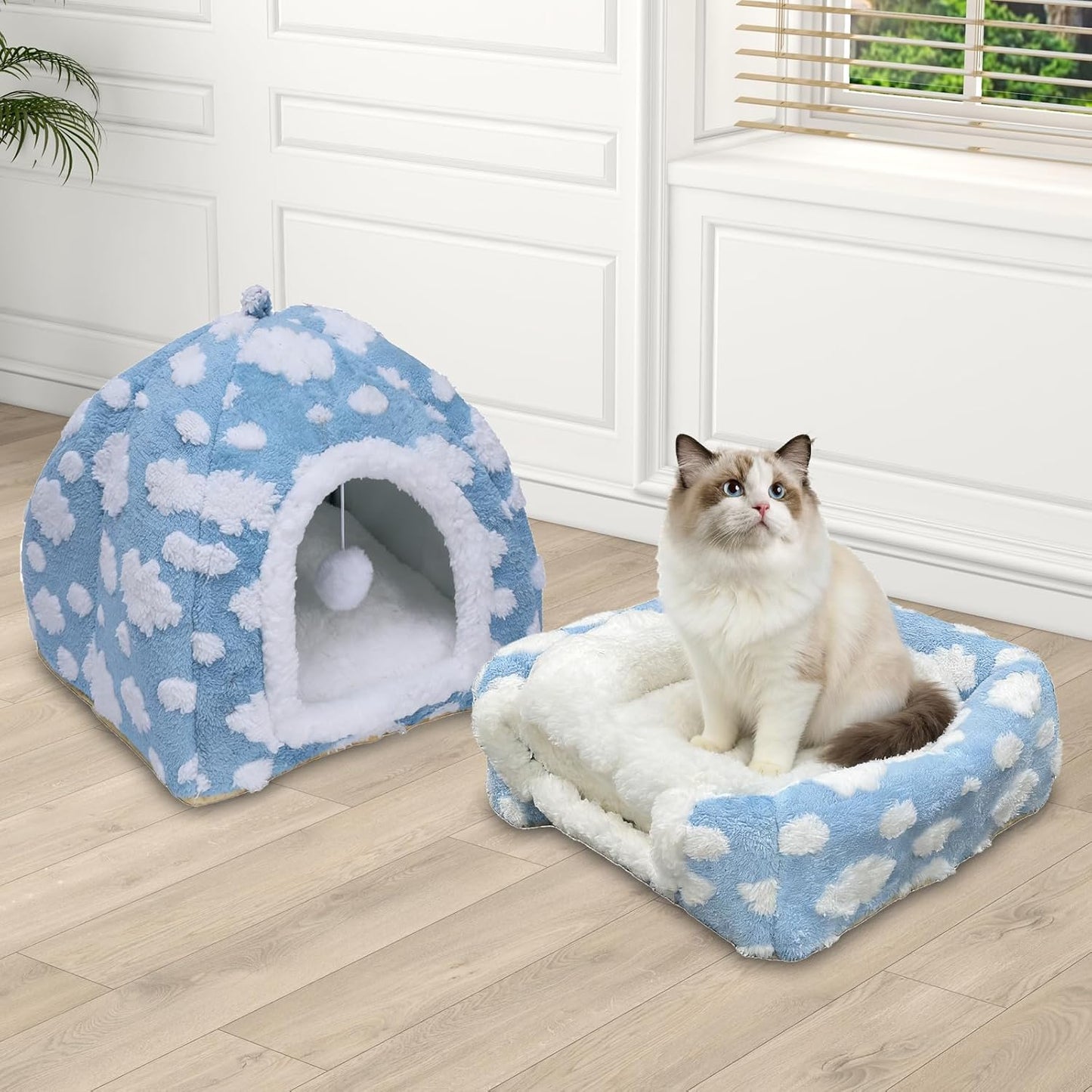 Enclosed Cat Bed Cat Cave for Indoor,Pet Beds Cats House Winter Warm Cozy Tent Washable Small Plush Houses for Soft Kitty Nest Kitten Furniture Removable Cushion Gatos Sleeping Hut
