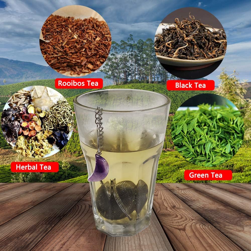 2pcs Tea Strainers, Scdom Stainless Steel Ball Mesh Tea Infusers, Amethyst & White Crystal Moon Pendant Tea Ball Tea Filter with Extended Chain Hook for Brew Fine Loose Tea and Spices & Seasonings