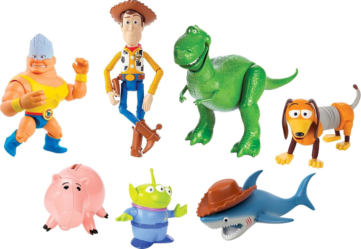 Mattel Disney Pixar Toy Story Set of 7 Action Figures with Woody, Slinky, Rex, Hamm, Alien, Rocky & Shark, Mattel Disney100 Collectible