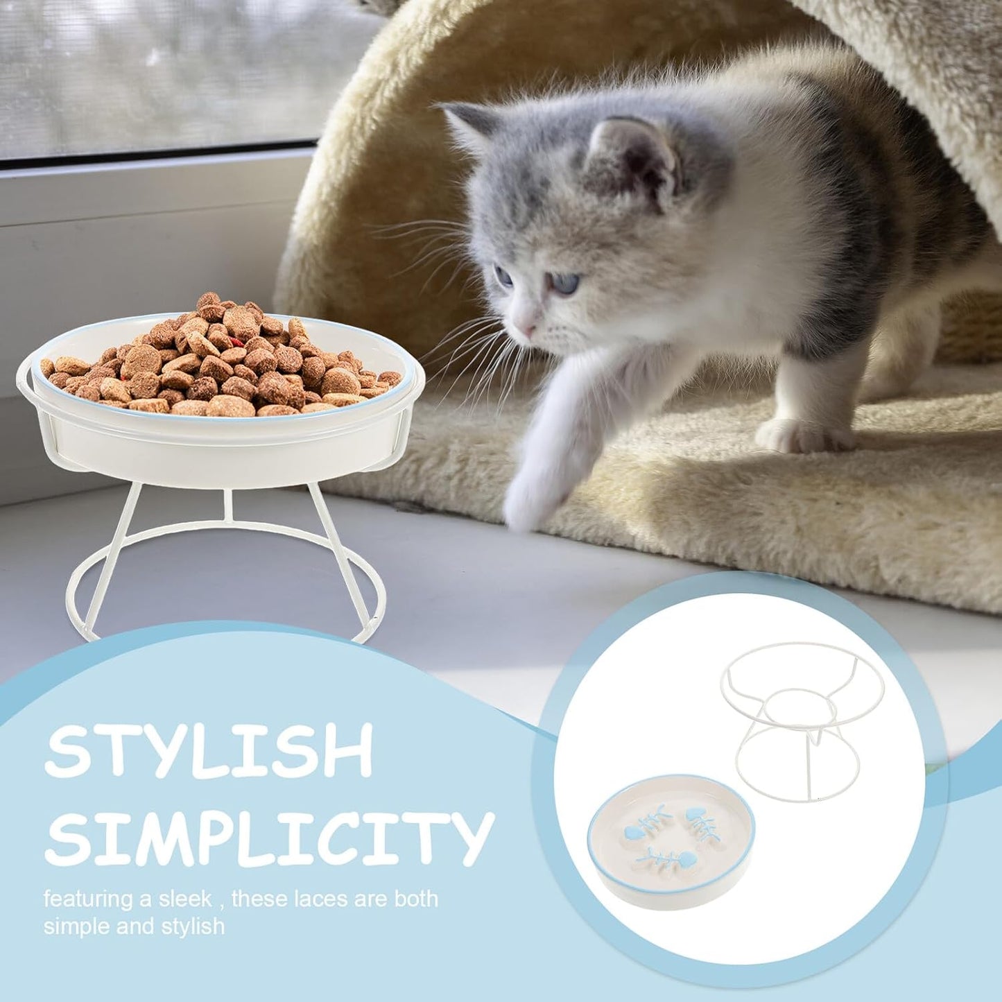 Milisten Ceramic Raised Cat Bowl Slow Feed Elevated Pet Feeding Dish with Stand Anti-Choke Slow Eating Plate for Indoor Cats and Small Dogs