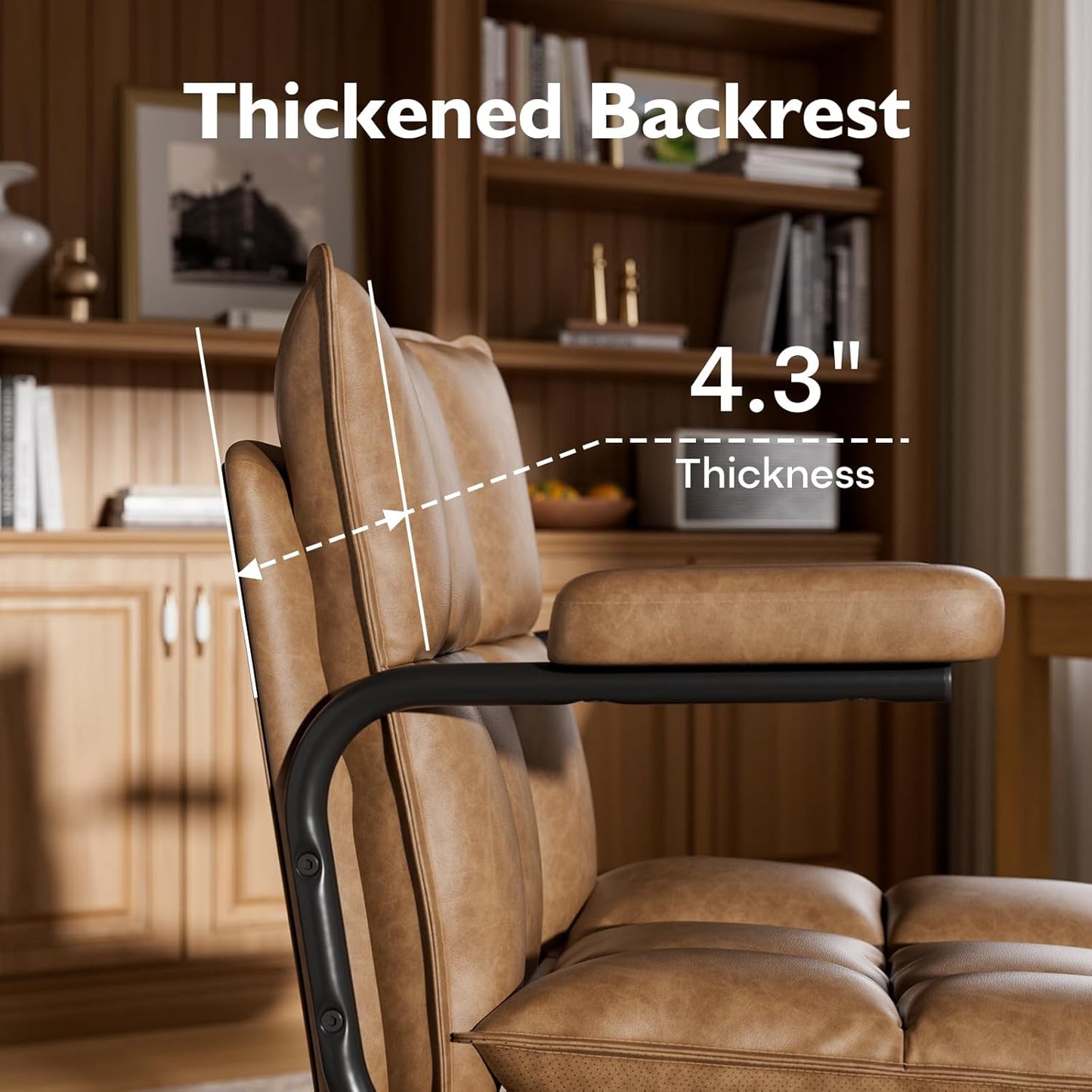 Brown Office Chair, Mid Century Modern Desk Chair with Arms, Thickend Back and Seat, Adjustable Height, Wheels, Vintage Leather Computer Chair for Home, Office