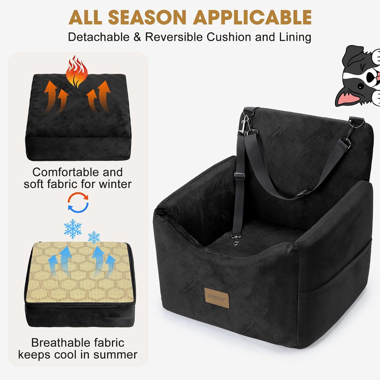 JOEJOY Dog Car Seats for Small Medium Dogs Under 35lbs, Dog Booster Seat with Detachable Washable Cover and Cushion, Memory Foam Pet Car Seat with Safety Belt and Storage Pockets (Black)