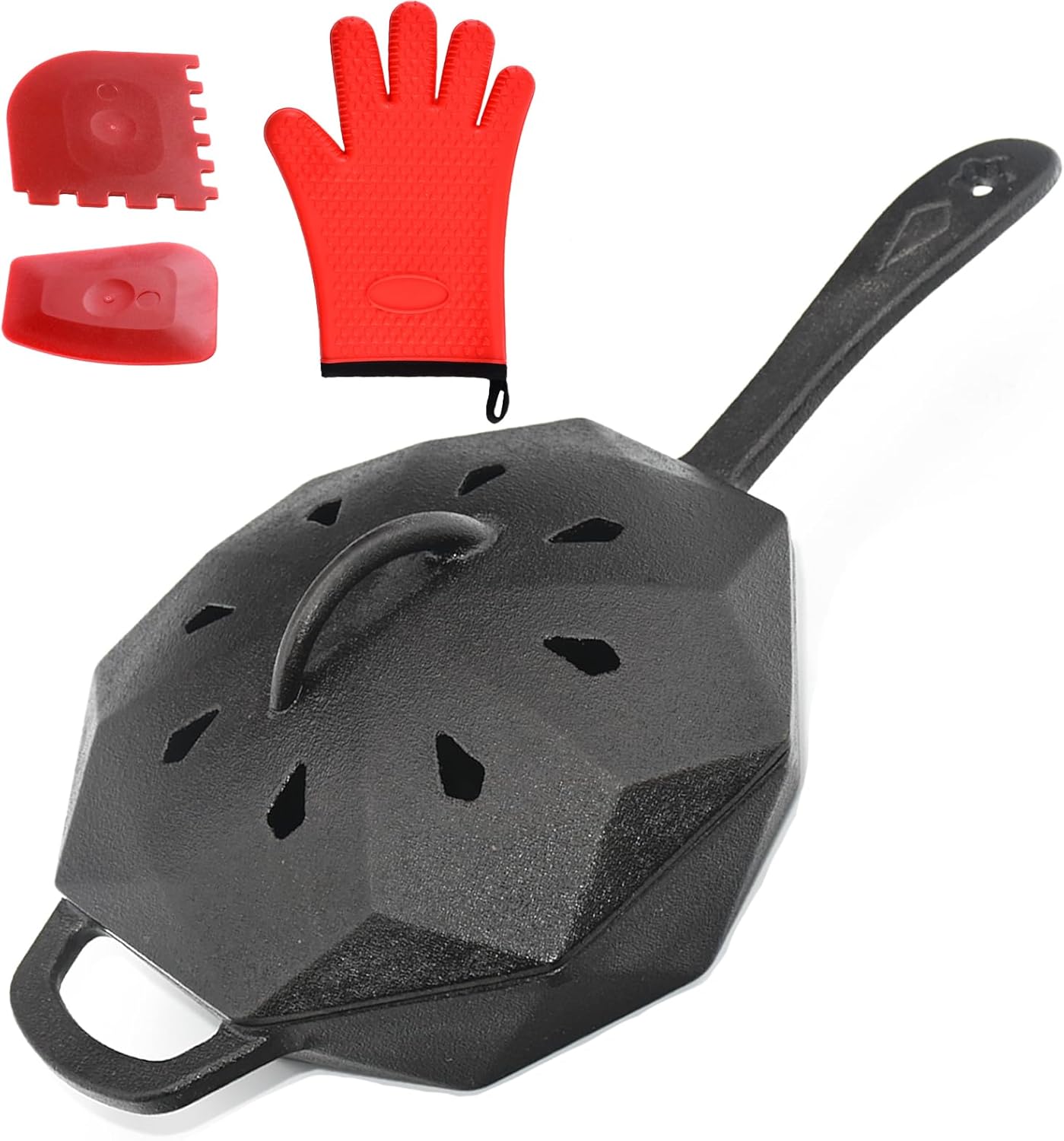 Cast Iron Skillet with Lid Pre-seasoned Cast Iron Pans, Smoker Box for Open Fire, Oven, Stovetop, Grill Safe Cookware Set +Scraper/Cleaner+Silicone Anti-Scalding Gloves