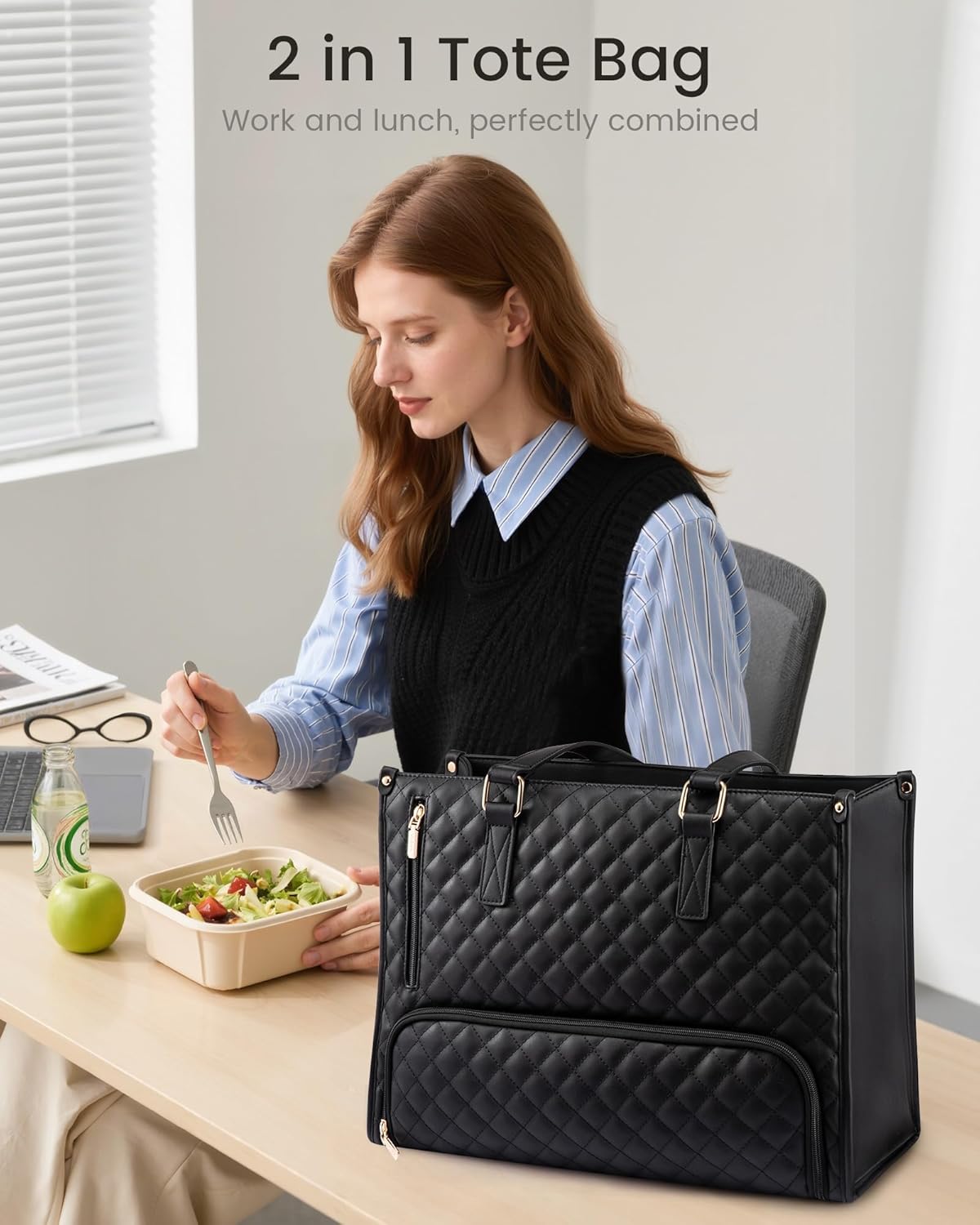 LOVEVOOK Lunch Tote Bag for Women, 15.6 Inch Laptop Bag with Insulated Lunch Compartment, Quilted Large Capacity Computer Handbag with Purse for Business, Work, Nurse, Office, Collage, Casual, Black