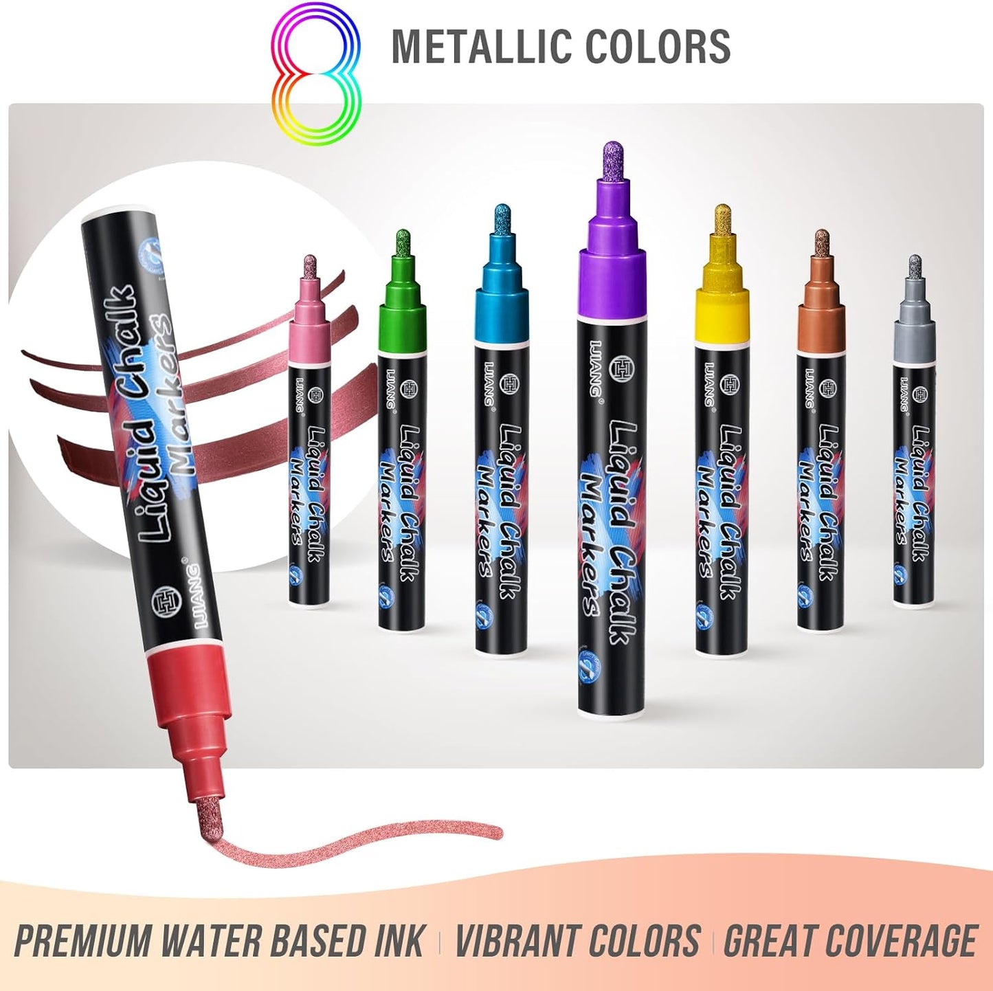 IJIANG Liquid Chalk Markers - Metallic 8Colors, Chalk Markers - 6mm Reversible Tip for Glass, Window, Cars, Chalkboard, Whiteboard, Blackboard Signs