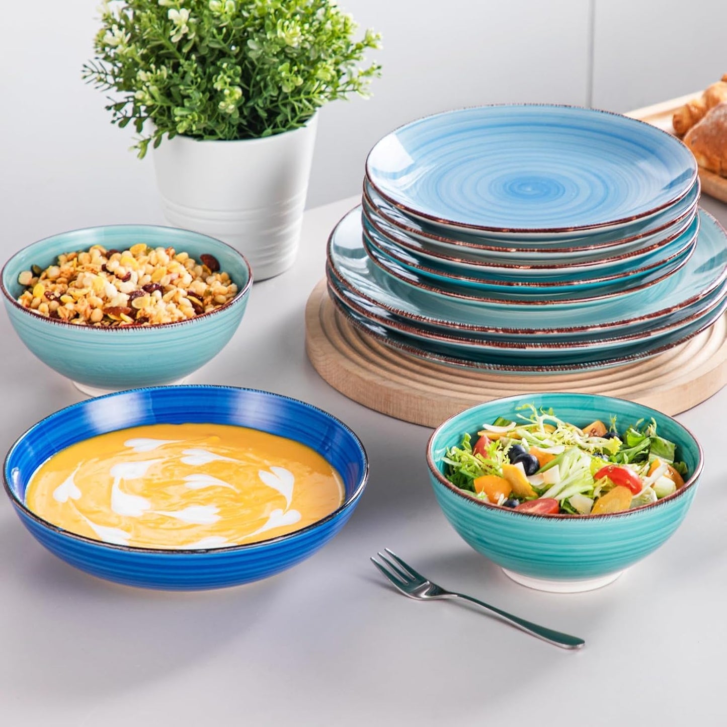 vancasso Bonita Dinnerware Set 24 Pieces Blue Stoneware Service for 6, Handpainted Spirals Pattern Stoneware Combination Set