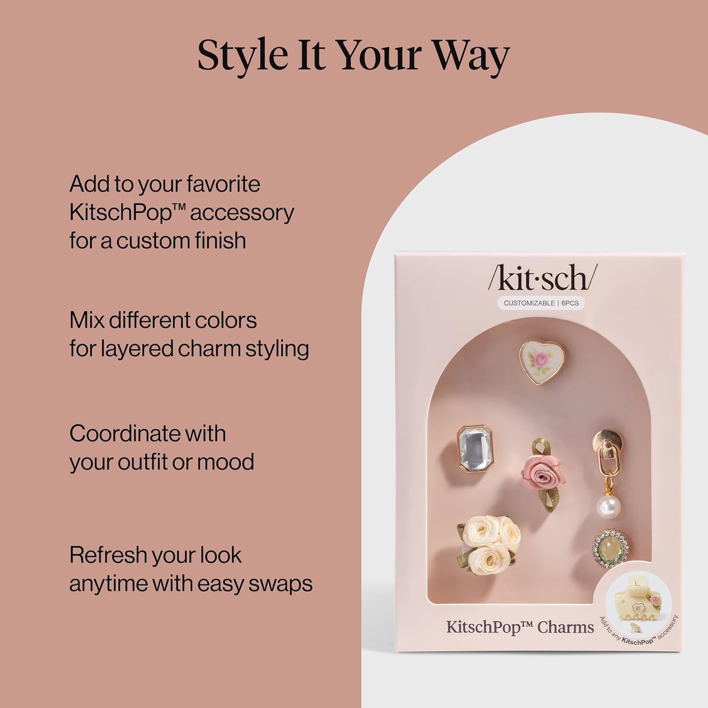 KitschPop™Charm Sets – Interchangeable Charms For Hair Clips, Hair Brushes | Durable Assorted Cute Charms | Compatible with KitschPop™ Hair Accessories - Vintage Ivory, 6pcs