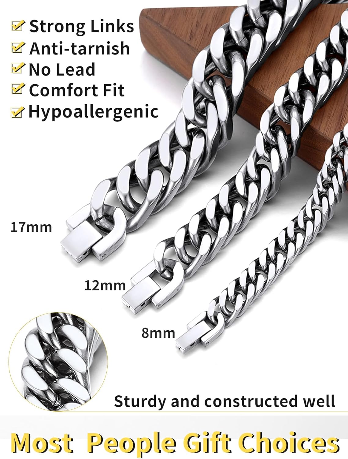 ChainsHouse Stainless Steel Cuban Link Bracelet, 8mm/12mm/17mm Width, 7.5"/8.3"/9", 18K Gold Plated Chain Wrist Bracelets for Men Women, Send Gift Box