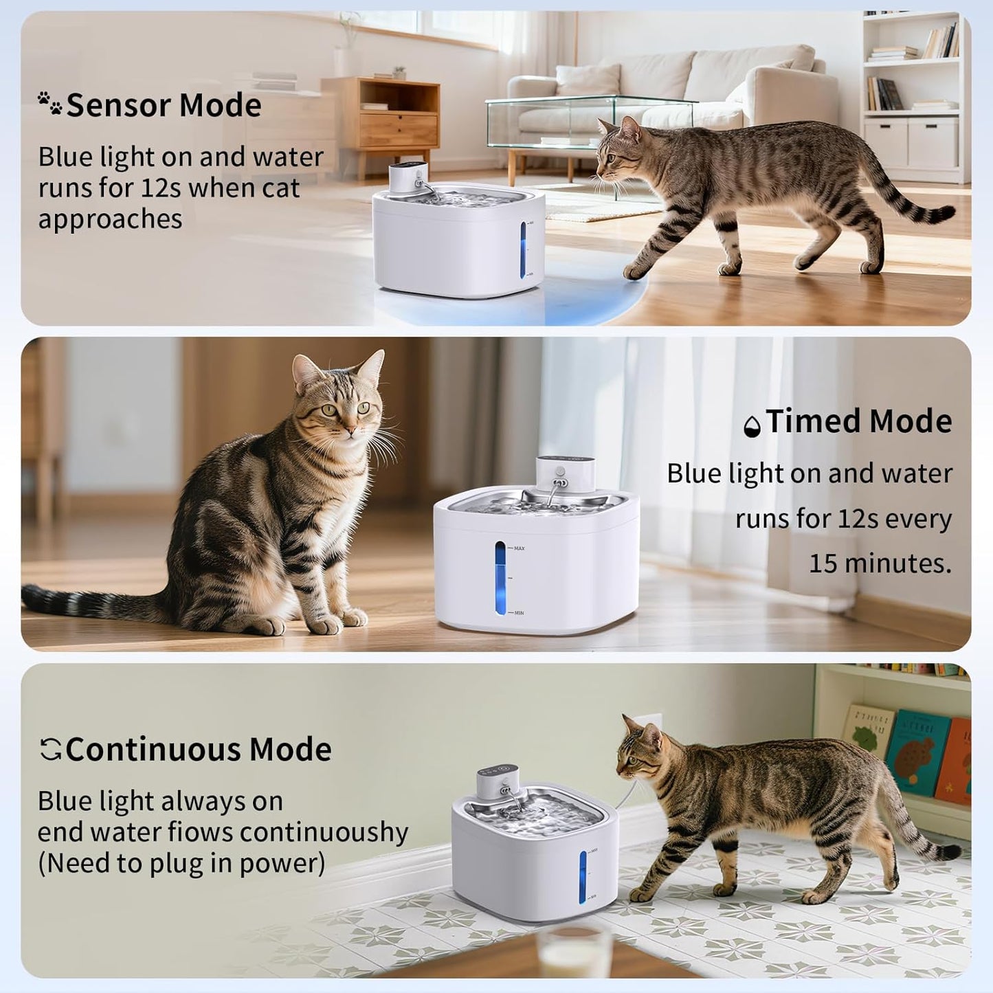 Wireless Cat Water Fountain, 118oz/3.5L Battery Operated Pet Water Dispenser with Stainless Steel Tray, Ultra Quiet Automatic Fountain with Motion Sensor for Cats Dogs(Cat Fountain+2Filters)