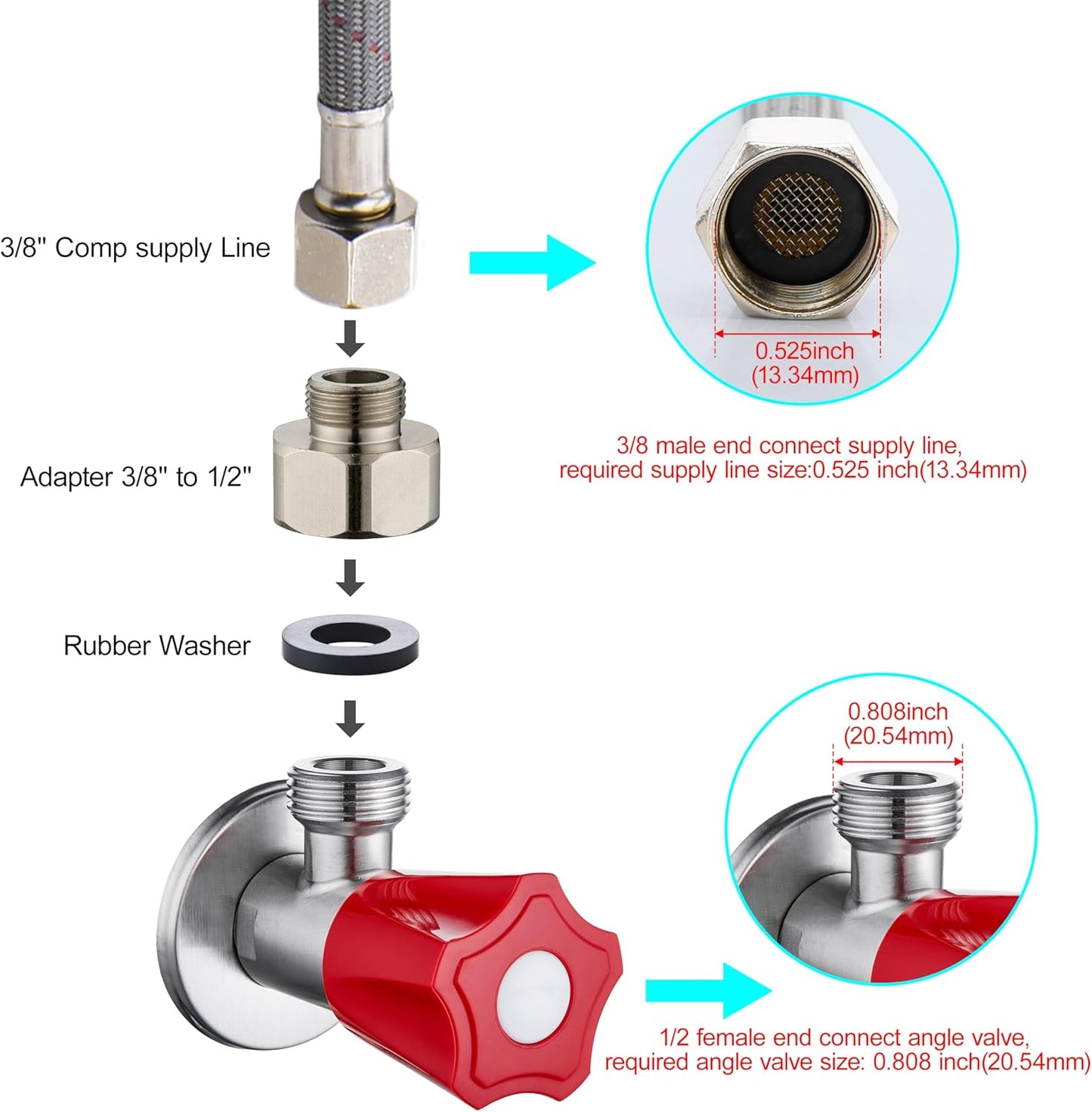 G 1/2 Female to 3/8 Male COMP Reducer Adapter, Brass Pipe Fittings Water Hose Adapter, Compression Fitting for Kitchen Bathroom Faucet, Pipe Connector with Rubber Washer,(2 Pack)