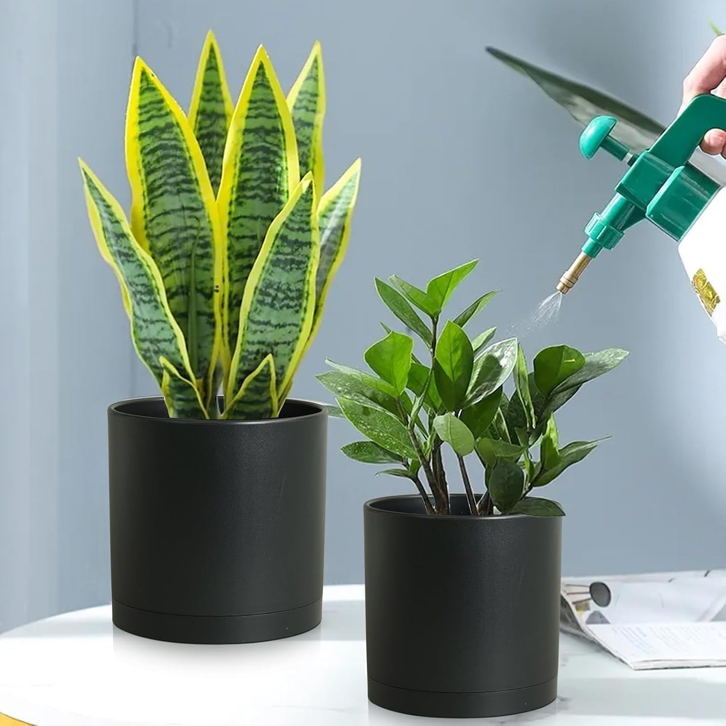8/7/6 inch Plant Pots, 3 Set Cylinder Flower Pots for Outdoor Indoor Plants, Decorative Plastic Planters with Drainage Holes and Saucers for Garden House Plants, Black